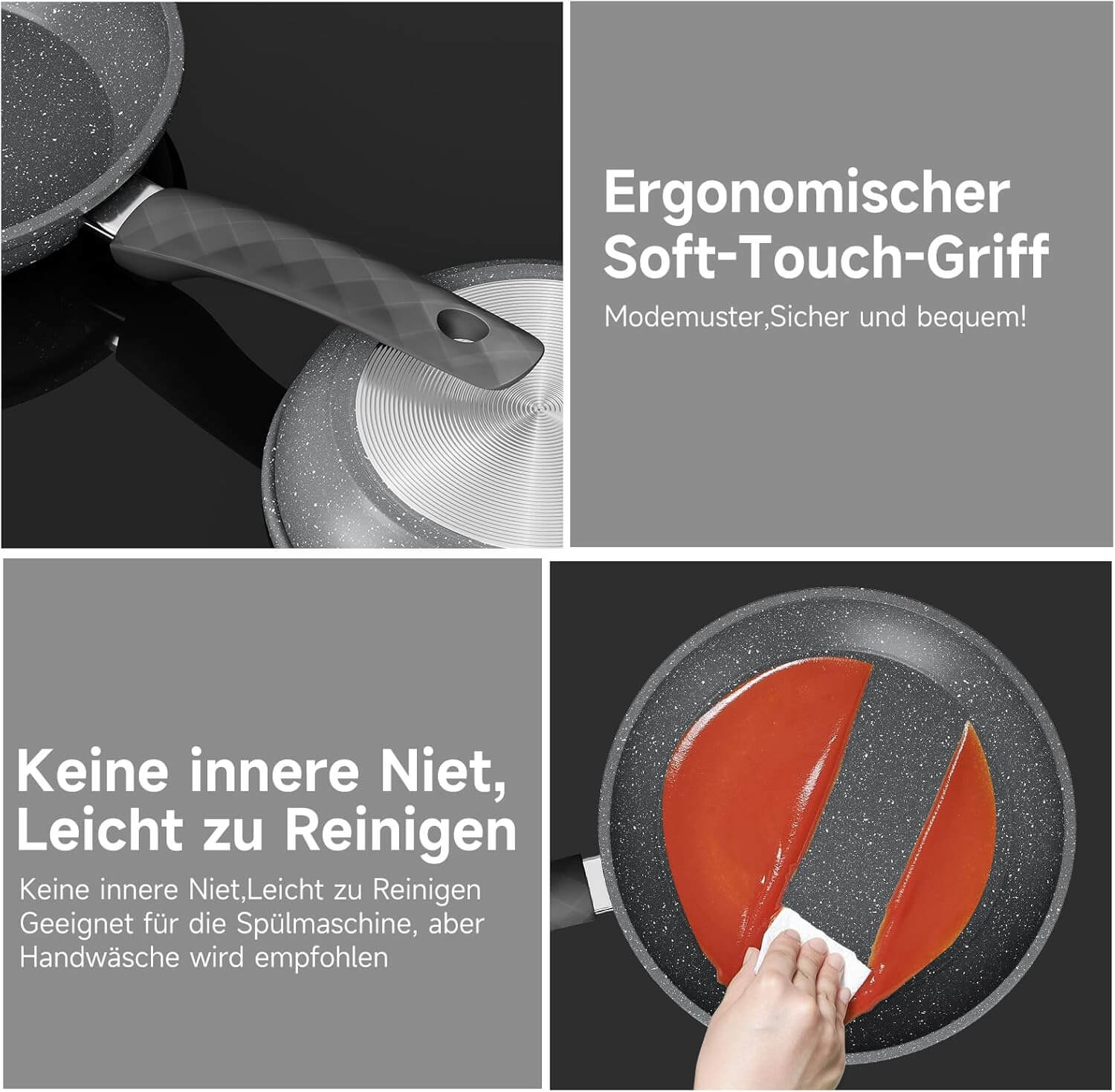 HOMELUX 3-tlg. Pfannenset Bratpfanne Ø20/24/28cm, beschichtete Pfannen mit Marmorbeschichtung, Induktion Pfanne, Pfannen für alle Herdarten, Grau - Image 5