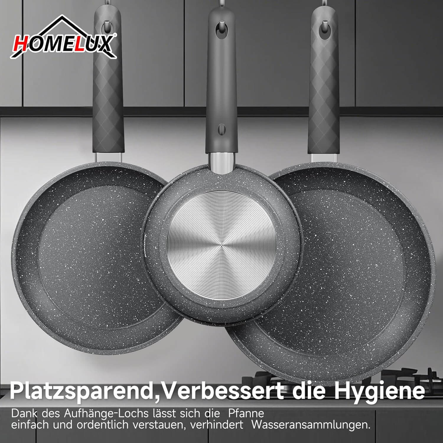 HOMELUX 3-tlg. Pfannenset Bratpfanne Ø20/24/28cm, beschichtete Pfannen mit Marmorbeschichtung, Induktion Pfanne, Pfannen für alle Herdarten, Grau - Image 6