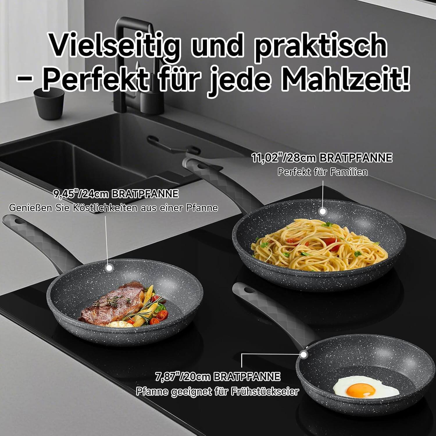 HOMELUX 3-tlg. Pfannenset Bratpfanne Ø20/24/28cm, beschichtete Pfannen mit Marmorbeschichtung, Induktion Pfanne, Pfannen für alle Herdarten, Grau - Image 7