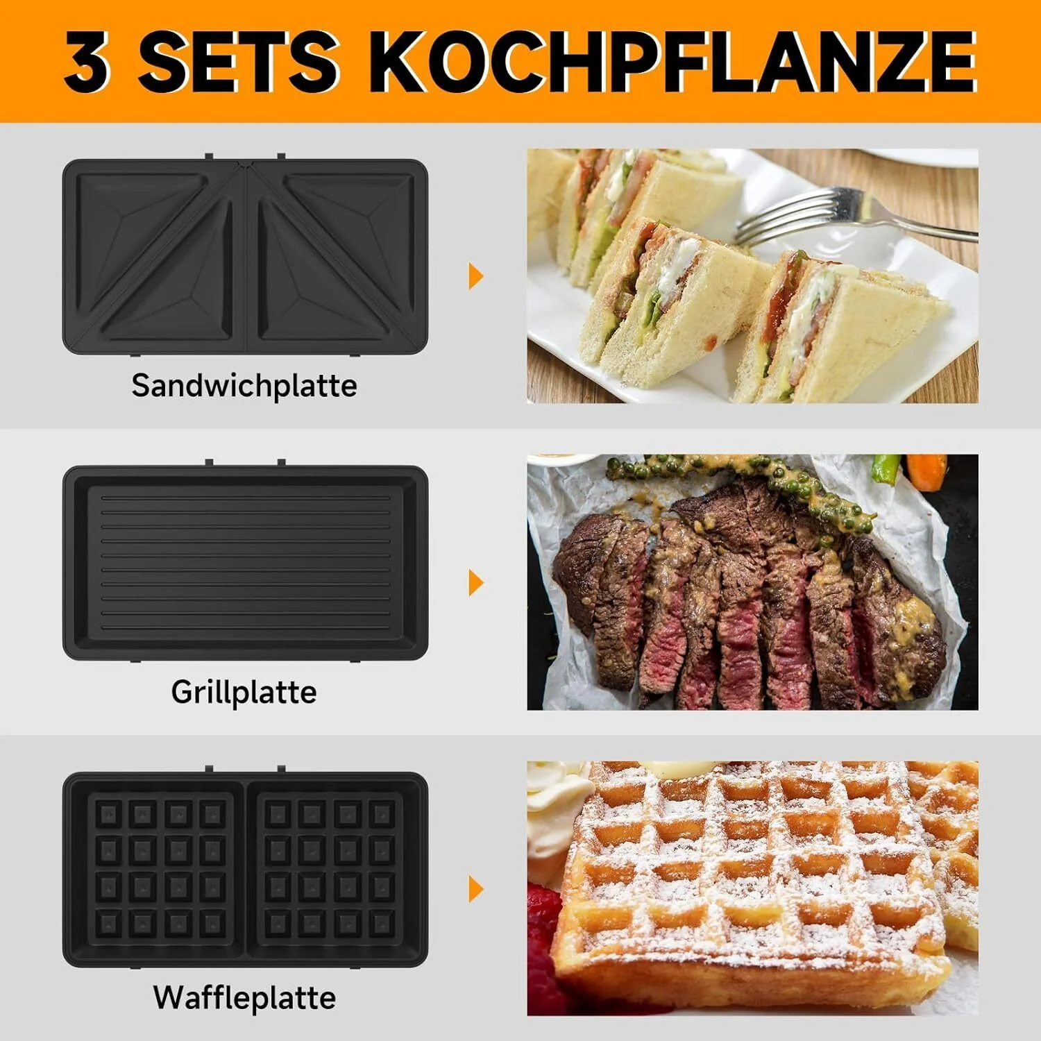 HOMELUX 3in1 Sandwichmaker 1000W Sandwichtoaster Waffeleisen Kontaktgrill - Image 3