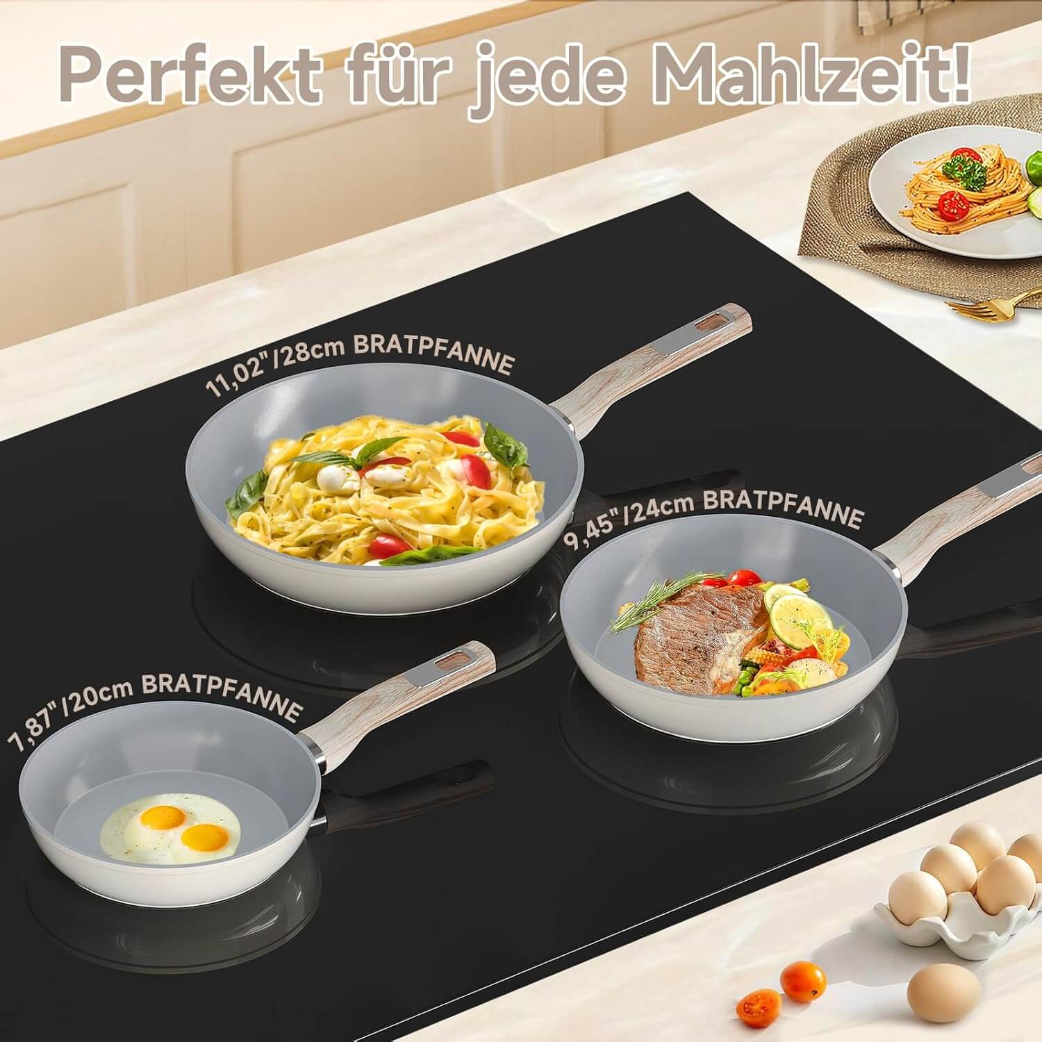 HOMELUX 3tlg Pfannenset Ø20/24/28cm Pfannen beschichtete Pfanne,Pfanne Induktion mit Antihaft-Beschichtung,geeignet für alle Herdarten - Image 7