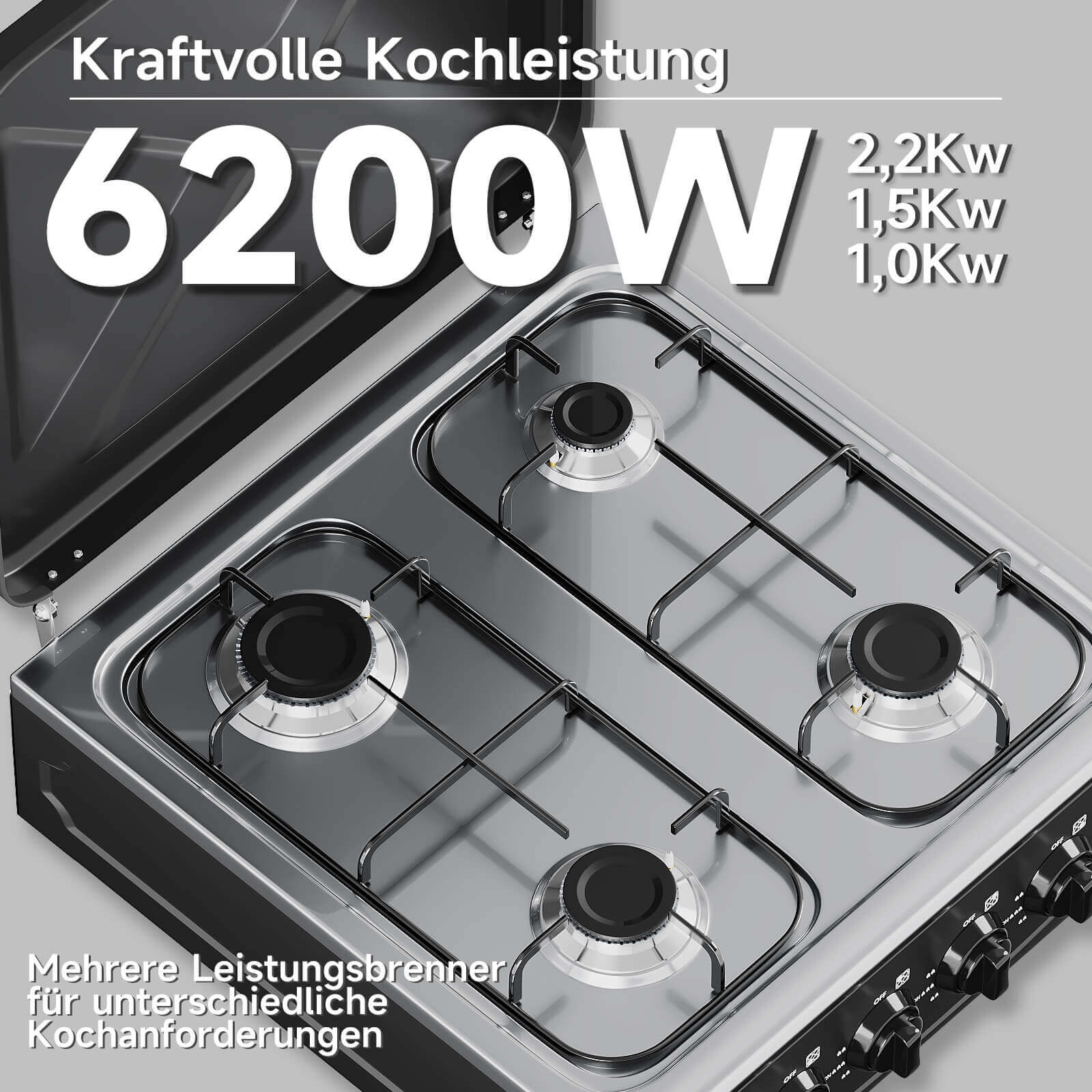 HOMELUX 4-flammiger Camping Gaskocher 6,2 kW Outdoor Kocher mit 1,5 m Anschlussschlauch & 50 mbar Druckminderer - Image 2