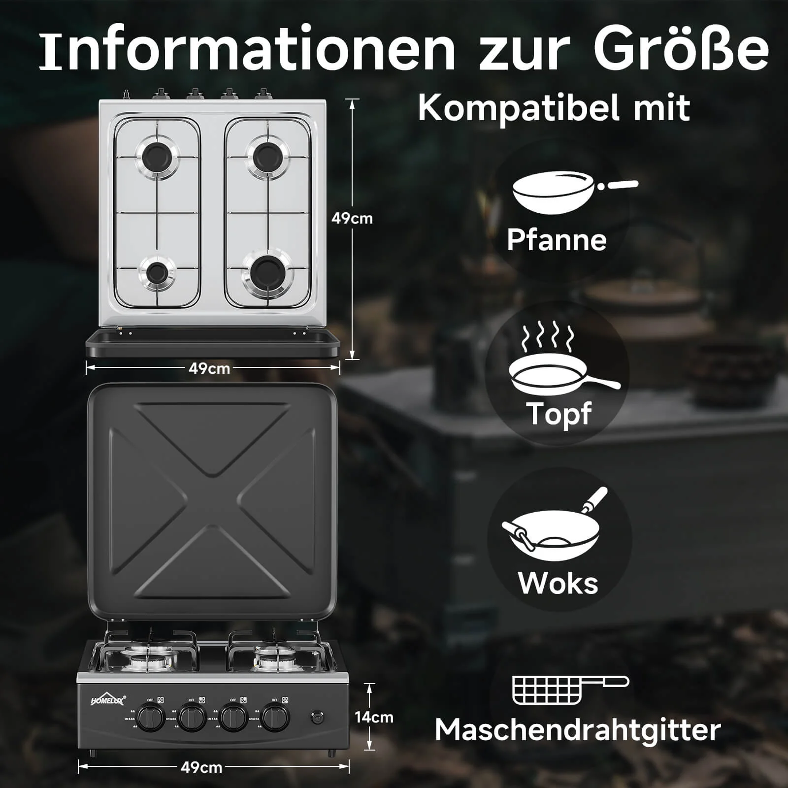 HOMELUX 4-flammiger Camping Gaskocher 6,2 kW Outdoor Kocher mit 1,5 m Anschlussschlauch & 50 mbar Druckminderer - Image 3