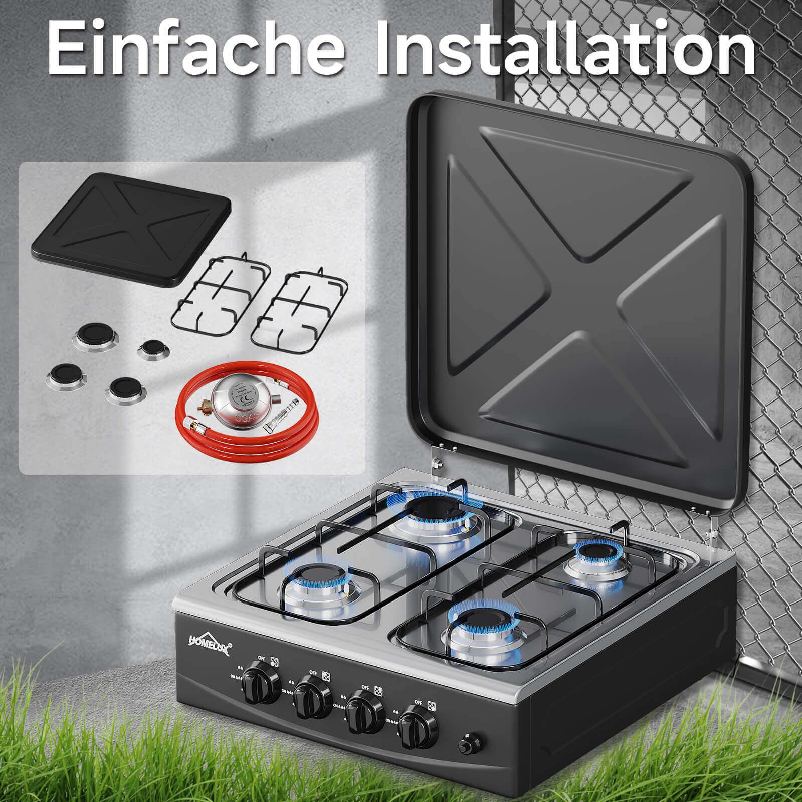 HOMELUX 4-flammiger Camping Gaskocher 6,2 kW Outdoor Kocher mit 1,5 m Anschlussschlauch & 50 mbar Druckminderer - Image 4