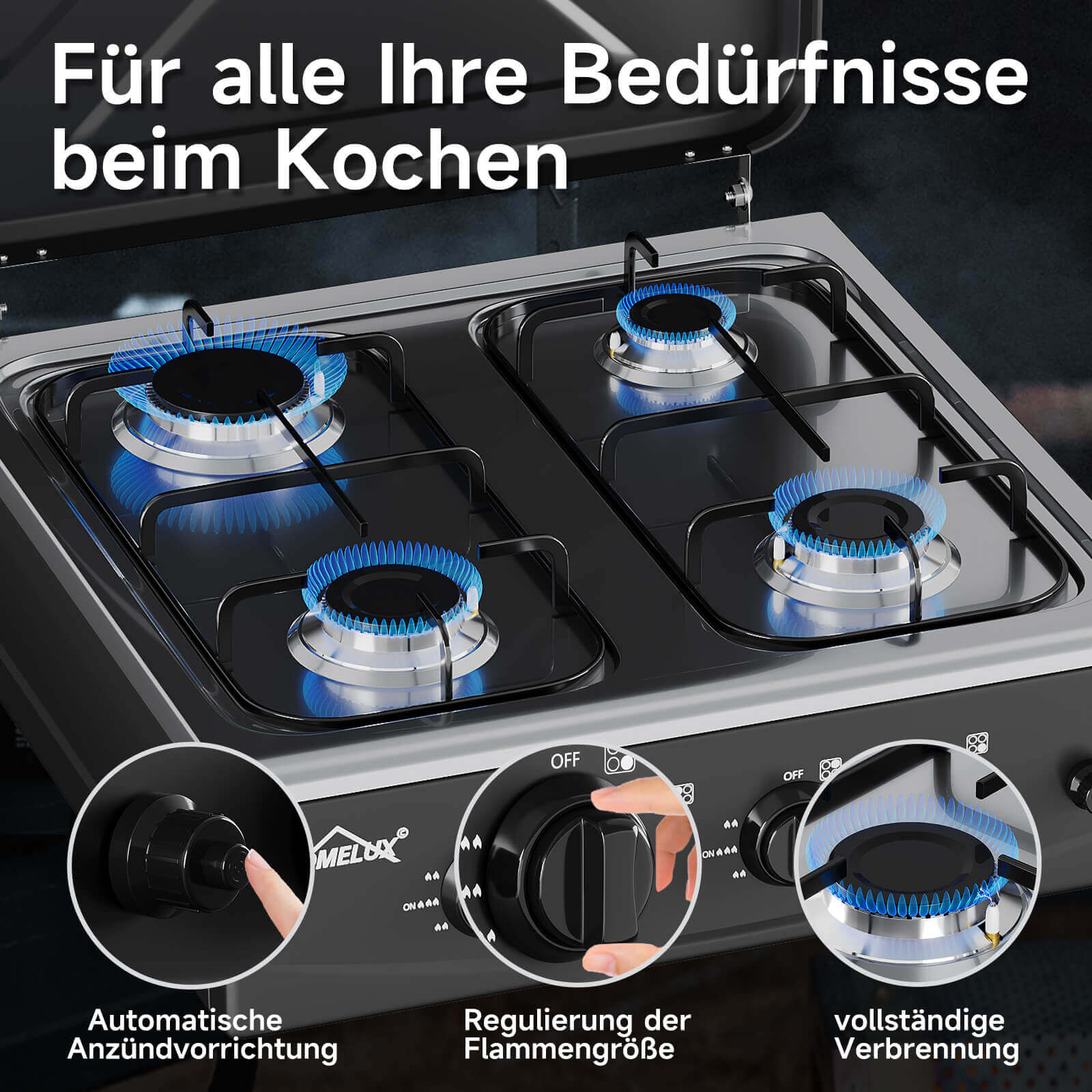 HOMELUX 4-flammiger Camping Gaskocher 6,2 kW Outdoor Kocher mit 1,5 m Anschlussschlauch & 50 mbar Druckminderer - Image 6