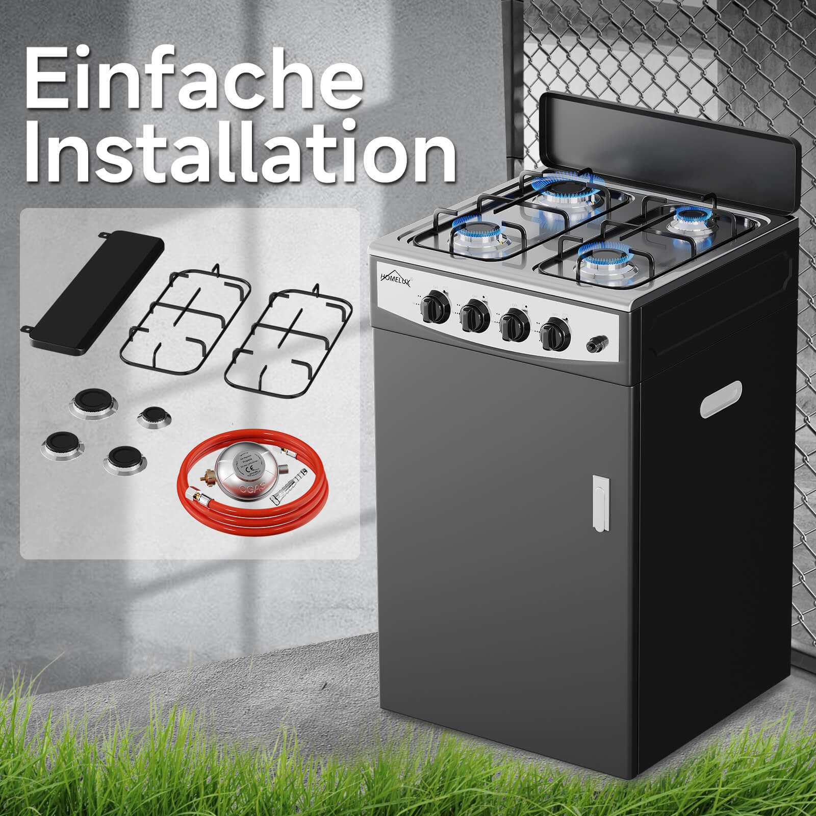 HOMELUX 4-flammiger Camping Gaskocher mit Aufbewahrungsbox 6,2 kW Gaskocher mit 1,5 m Anschlussschlauch und 50 mbar Druckminderer - Image 4