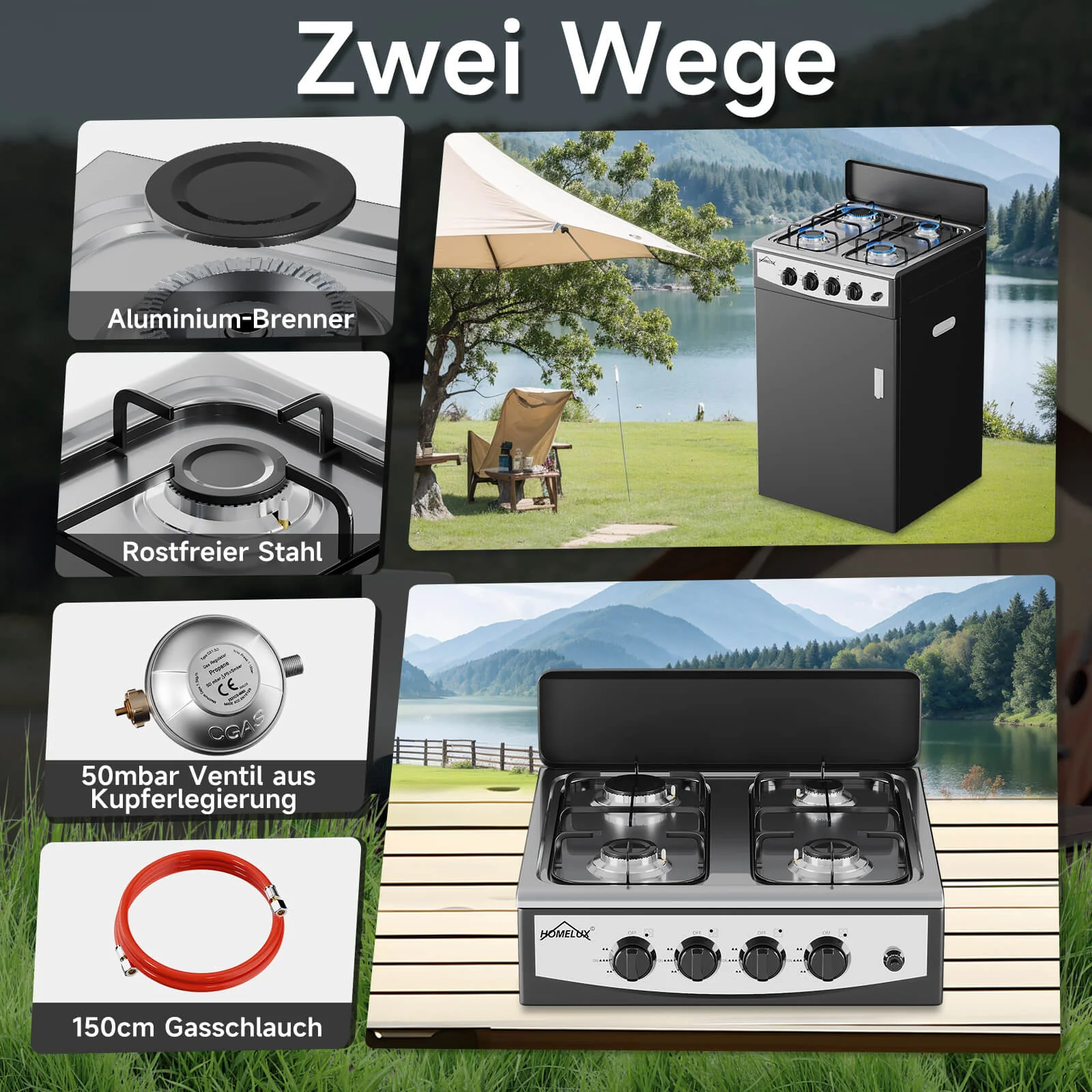 HOMELUX 4-flammiger Camping Gaskocher mit Aufbewahrungsbox 6,2 kW Gaskocher mit 1,5 m Anschlussschlauch und 50 mbar Druckminderer - Image 5