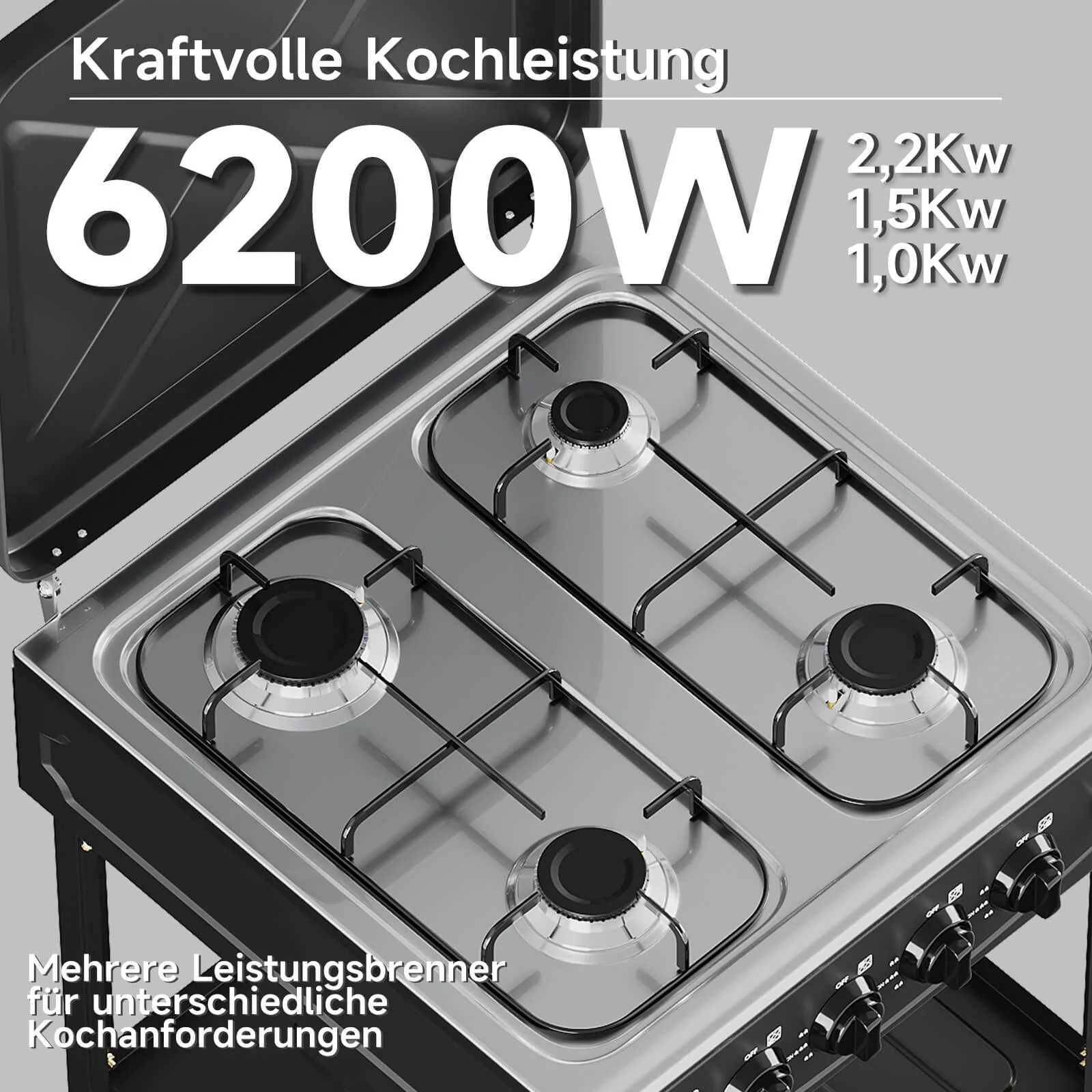 HOMELUX 4-flammiger Camping Gaskocher mit Regalen 6,2 kW Gaskocher mit 1,5 m Anschlussschlauch und 50 mbar Druckminderer - Image 2