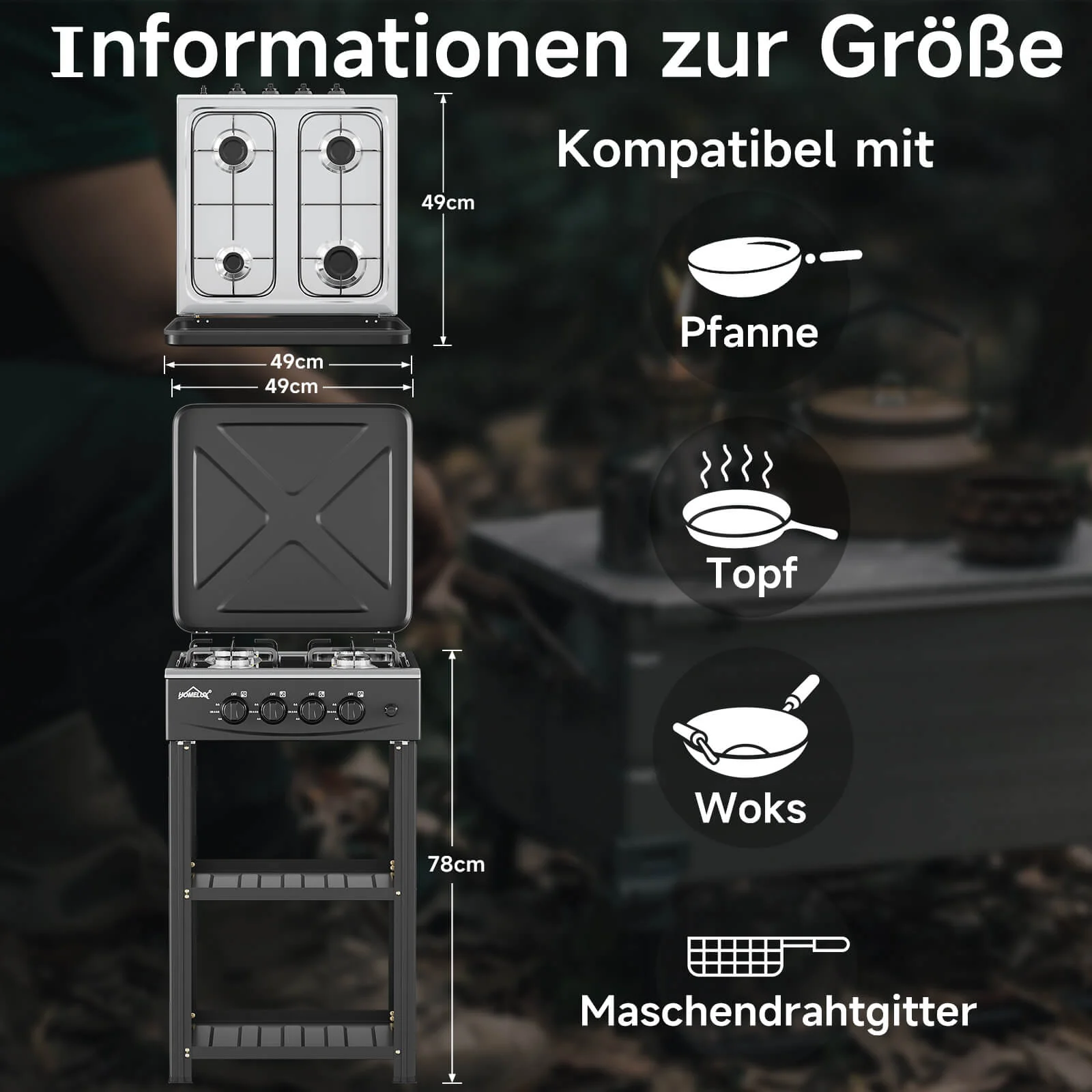 HOMELUX 4-flammiger Camping Gaskocher mit Regalen 6,2 kW Gaskocher mit 1,5 m Anschlussschlauch und 50 mbar Druckminderer - Image 3