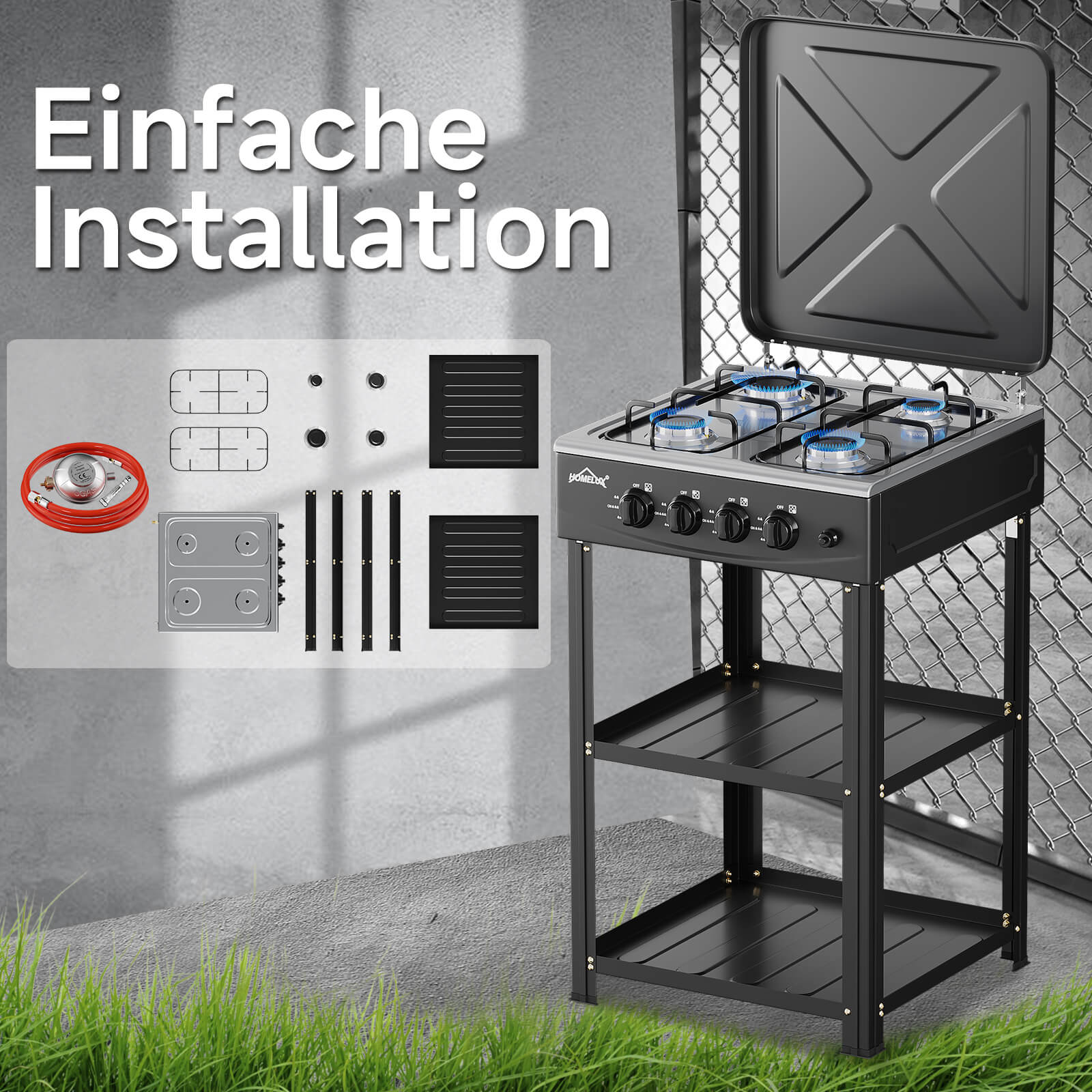 HOMELUX 4-flammiger Camping Gaskocher mit Regalen 6,2 kW Gaskocher mit 1,5 m Anschlussschlauch und 50 mbar Druckminderer - Image 4