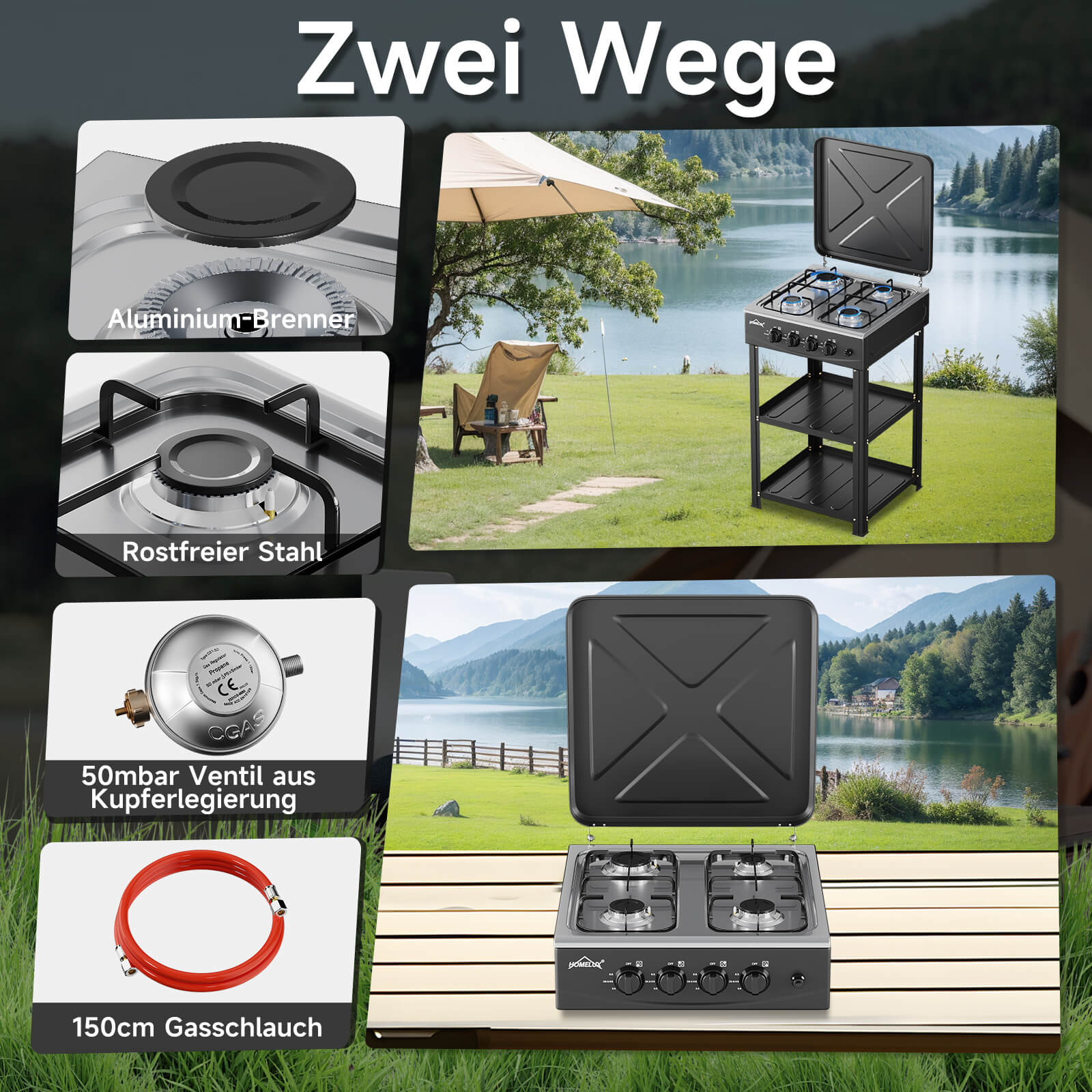 HOMELUX 4-flammiger Camping Gaskocher mit Regalen 6,2 kW Gaskocher mit 1,5 m Anschlussschlauch und 50 mbar Druckminderer - Image 5