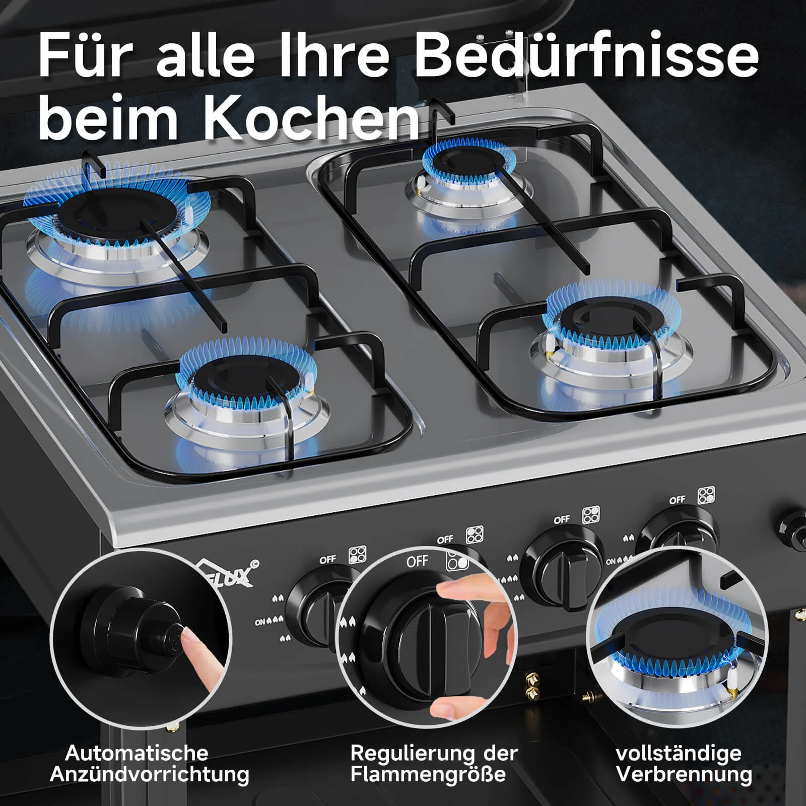 HOMELUX 4-flammiger Camping Gaskocher mit Regalen 6,2 kW Gaskocher mit 1,5 m Anschlussschlauch und 50 mbar Druckminderer - Image 6