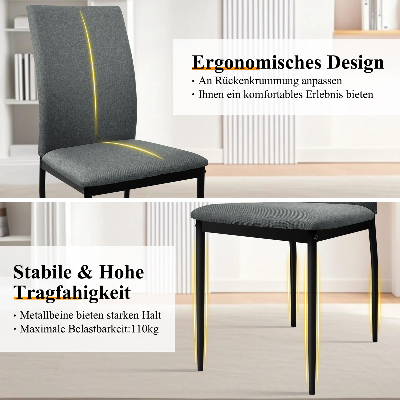 HOMELUX 4er Set Esszimmerstühle, modern, mit hoher Rückenlehne, Leinenpolster & Metallbeinen, 110 kg belastbar - Image 7