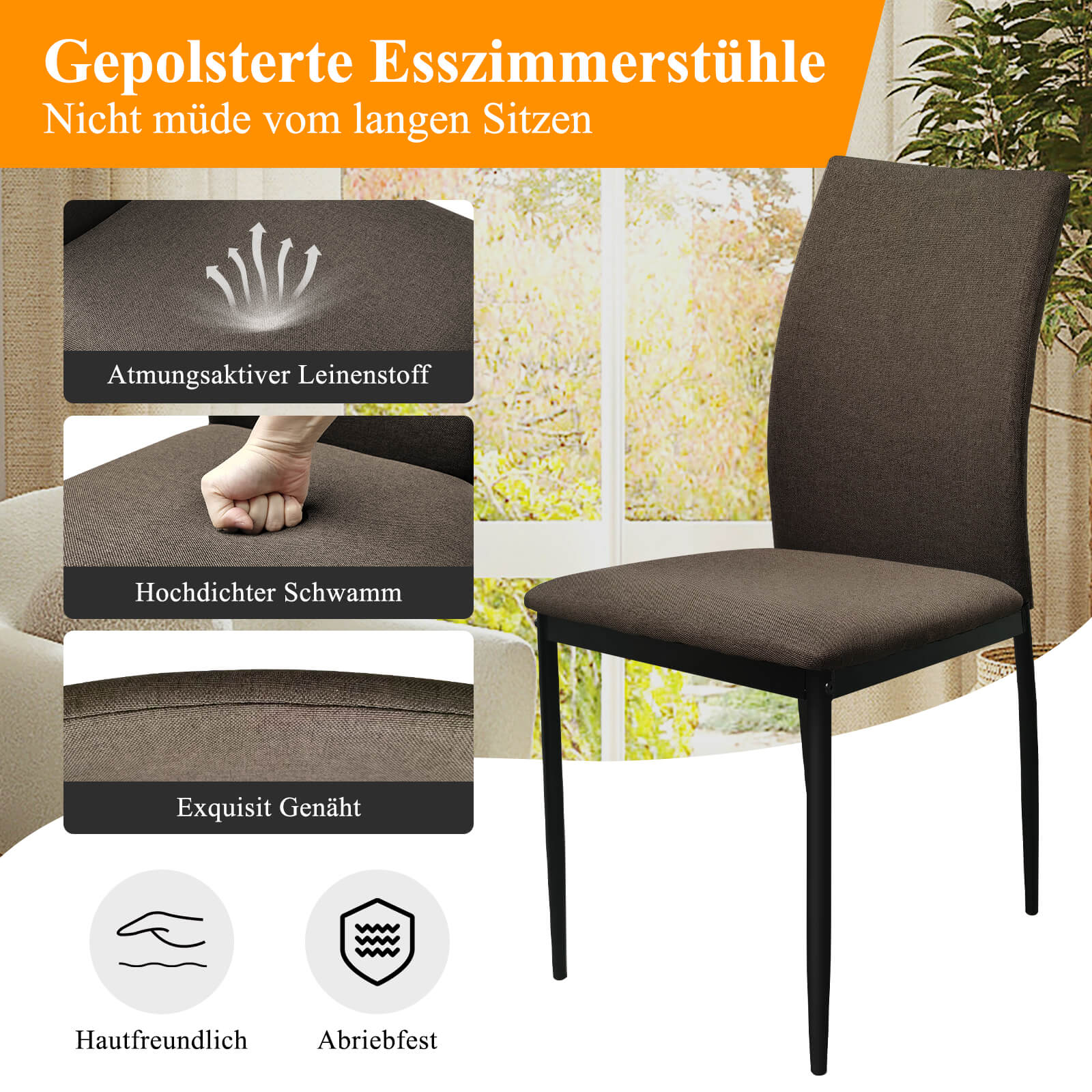 HOMELUX 4er Set Esszimmerstühle, modern, mit hoher Rückenlehne, Leinenpolster & Metallbeinen, 110 kg belastbar - Image 8