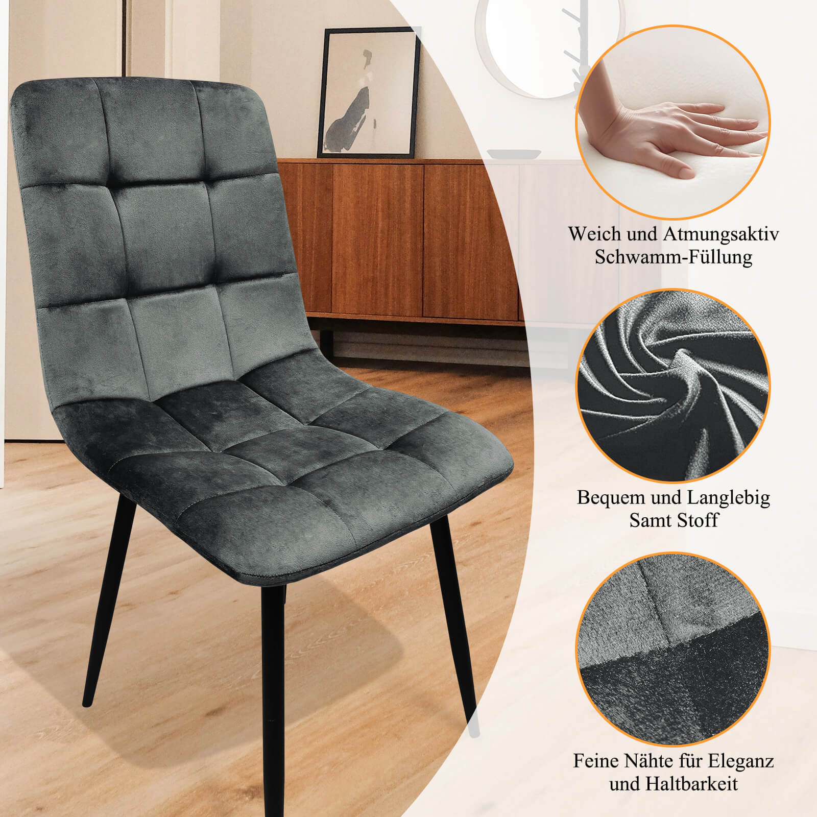 HOMELUX 4er Set Küchen Esszimmerstühle mit Rückenlehne & Samtbezug, ergonomische Sitzfläche, Metallbeine, 110 kg belastbar - Image 10