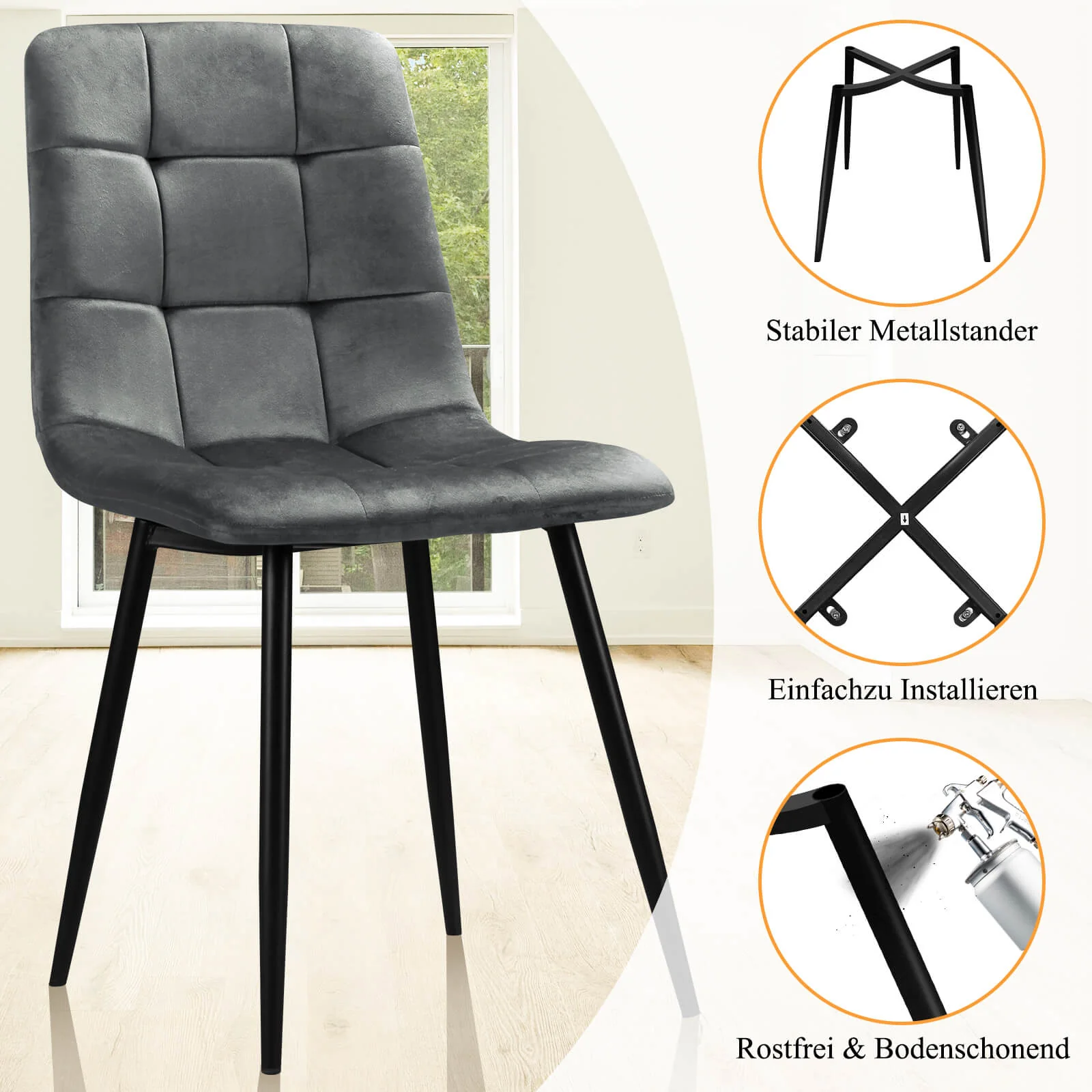 HOMELUX 4er Set Küchen Esszimmerstühle mit Rückenlehne & Samtbezug, ergonomische Sitzfläche, Metallbeine, 110 kg belastbar - Image 11