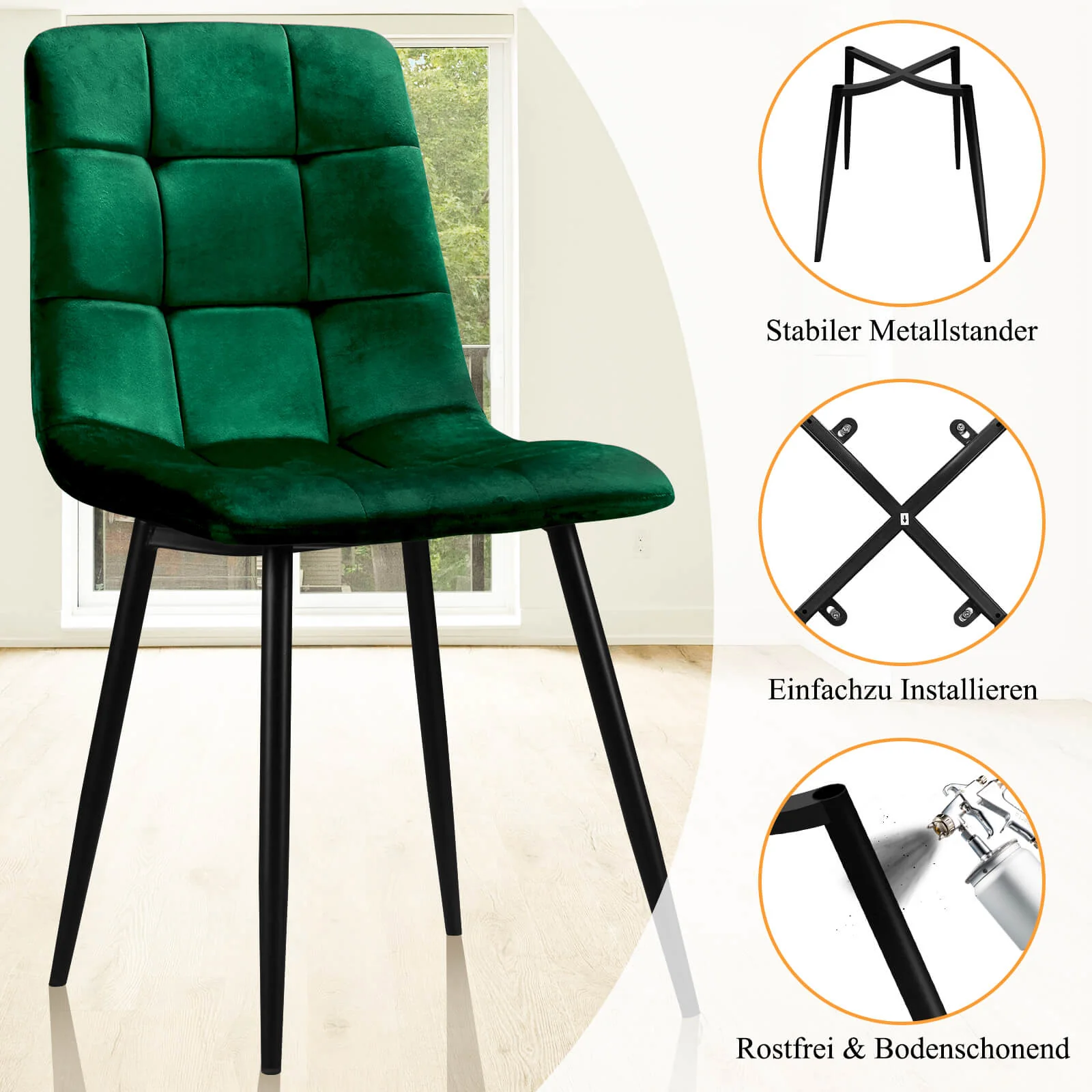 HOMELUX 4er Set Küchen Esszimmerstühle mit Rückenlehne & Samtbezug, ergonomische Sitzfläche, Metallbeine, 110 kg belastbar - Image 12