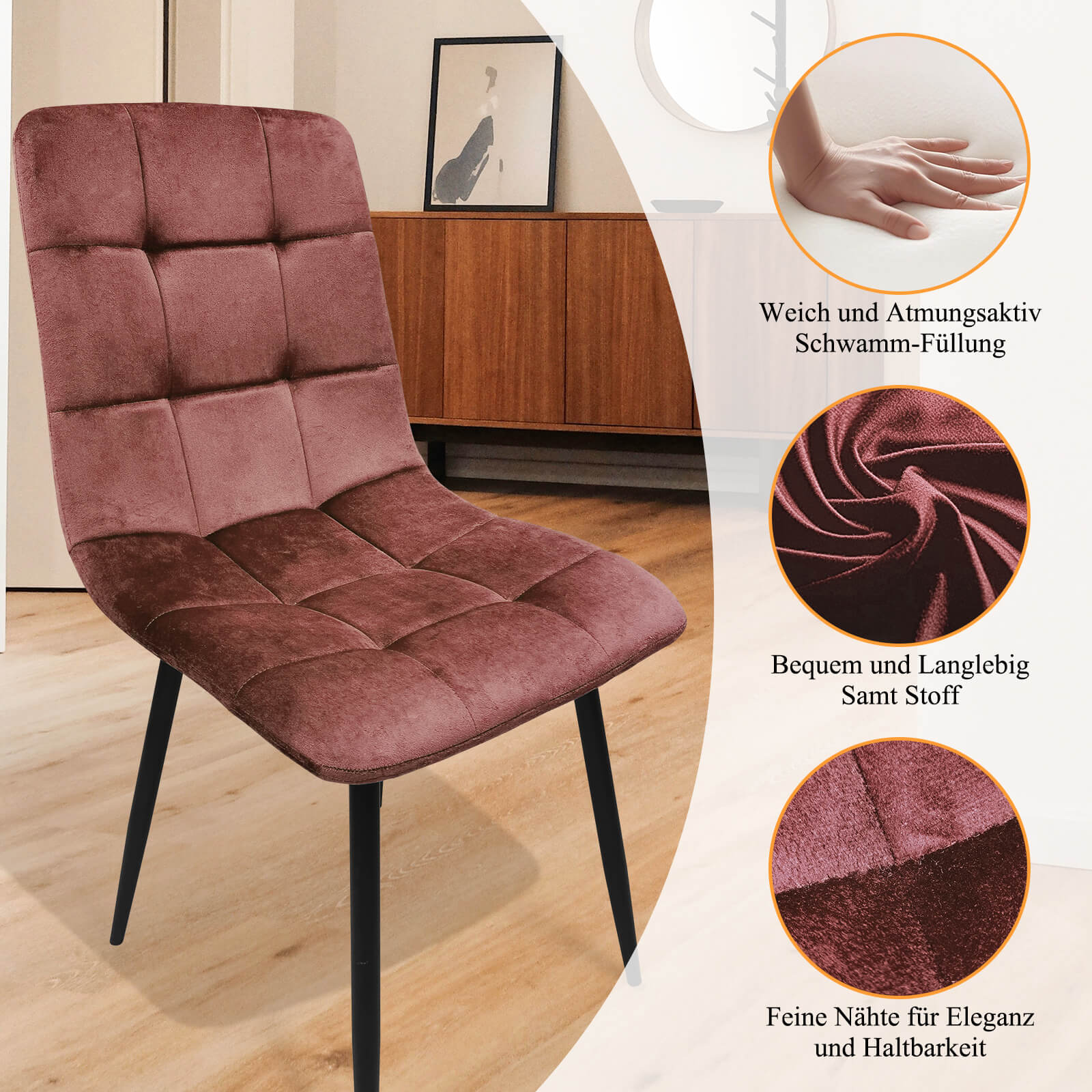 HOMELUX 4er Set Küchen Esszimmerstühle mit Rückenlehne & Samtbezug, ergonomische Sitzfläche, Metallbeine, 110 kg belastbar - Image 13