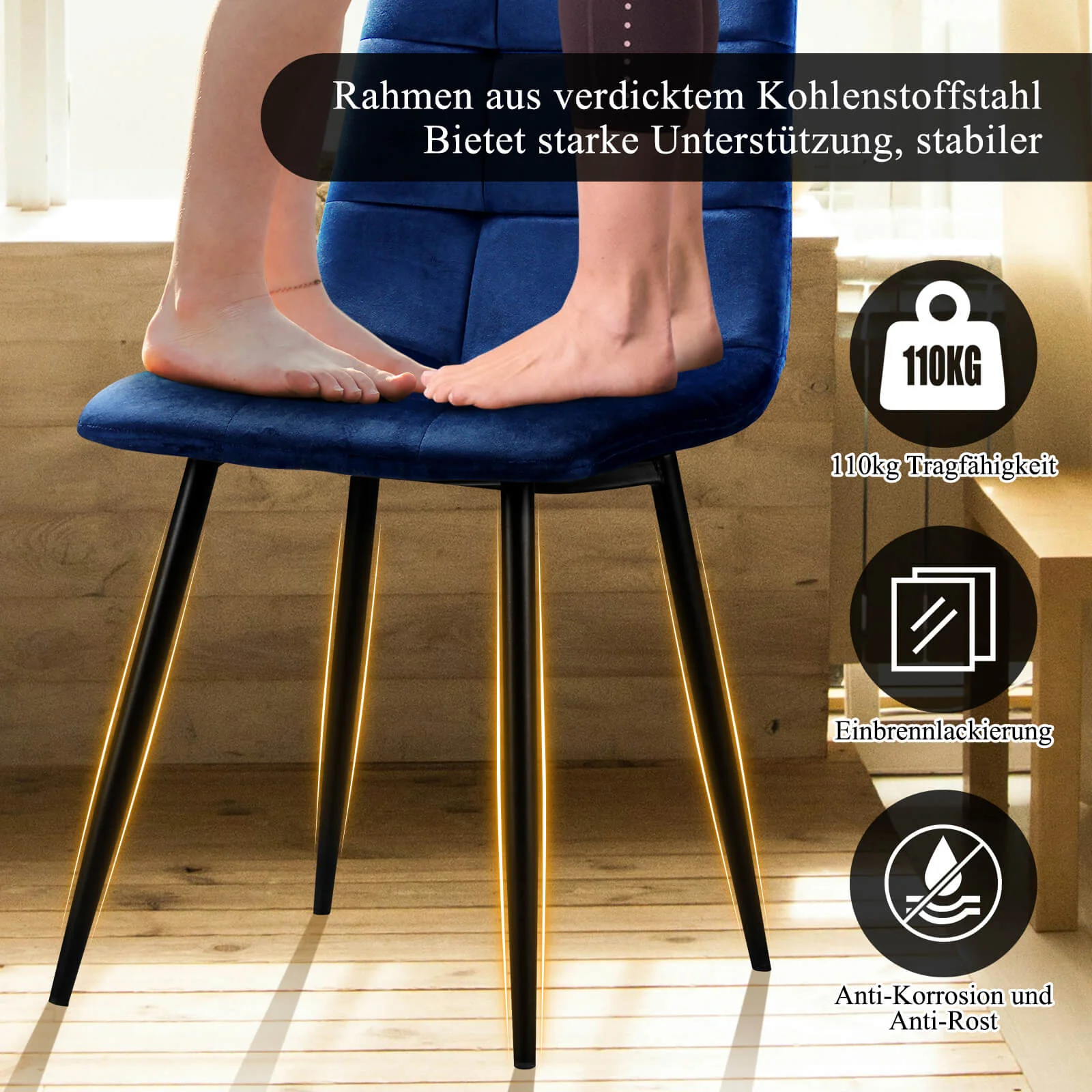 HOMELUX 4er Set Küchen Esszimmerstühle mit Rückenlehne & Samtbezug, ergonomische Sitzfläche, Metallbeine, 110 kg belastbar - Image 5