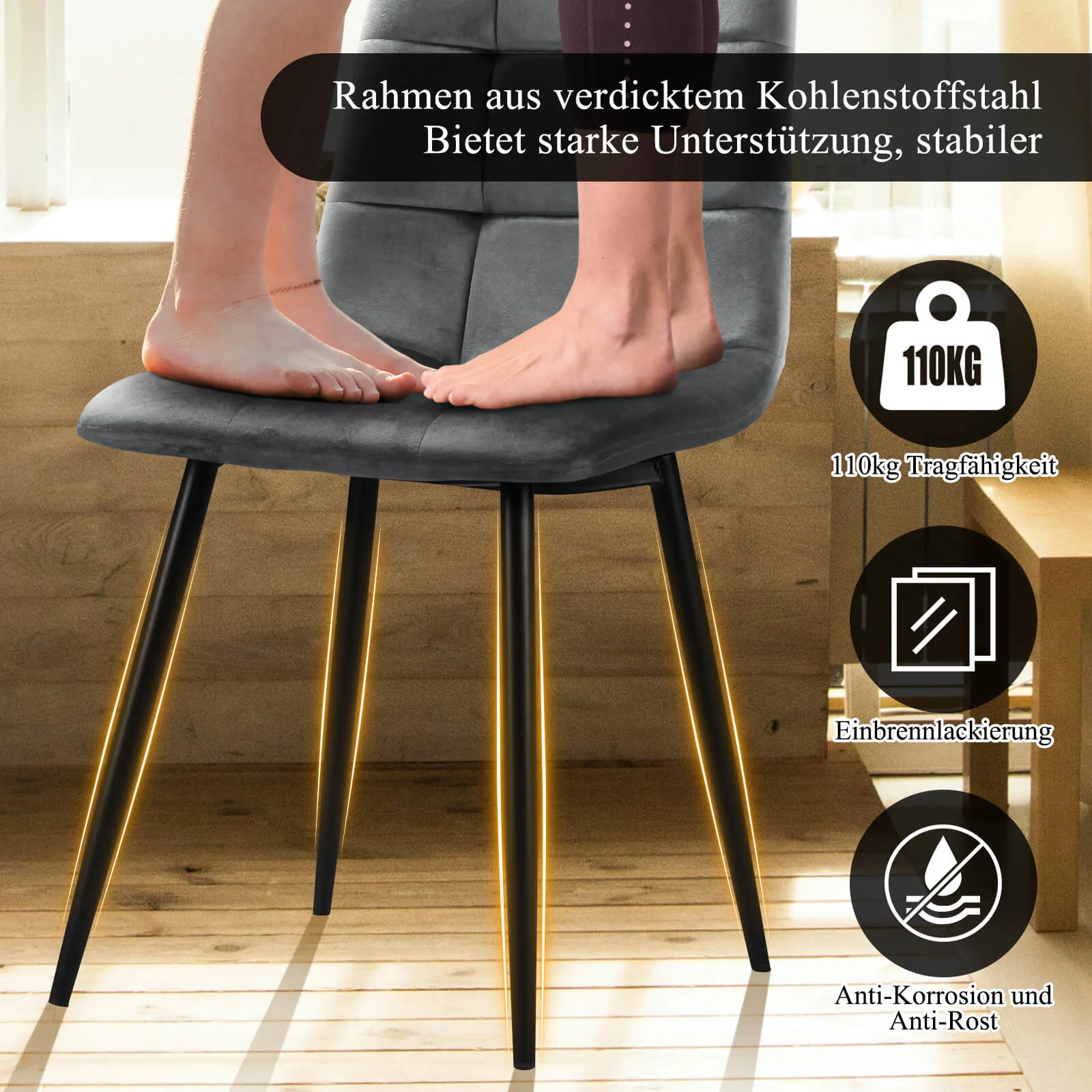 HOMELUX 4er Set Küchen Esszimmerstühle mit Rückenlehne & Samtbezug, ergonomische Sitzfläche, Metallbeine, 110 kg belastbar - Image 9
