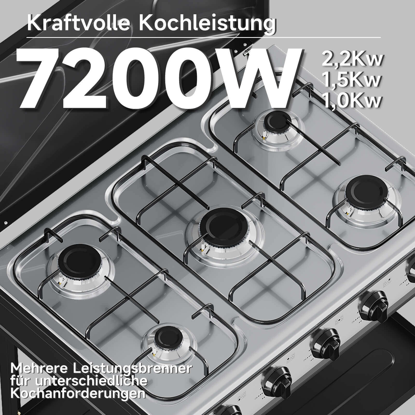 HOMELUX 5-flammiger Camping Gaskocher mit Regalen 7,2 kW Gaskocher mit 1,5 m Anschlussschlauch und 50 mbar Druckminderer - Image 2
