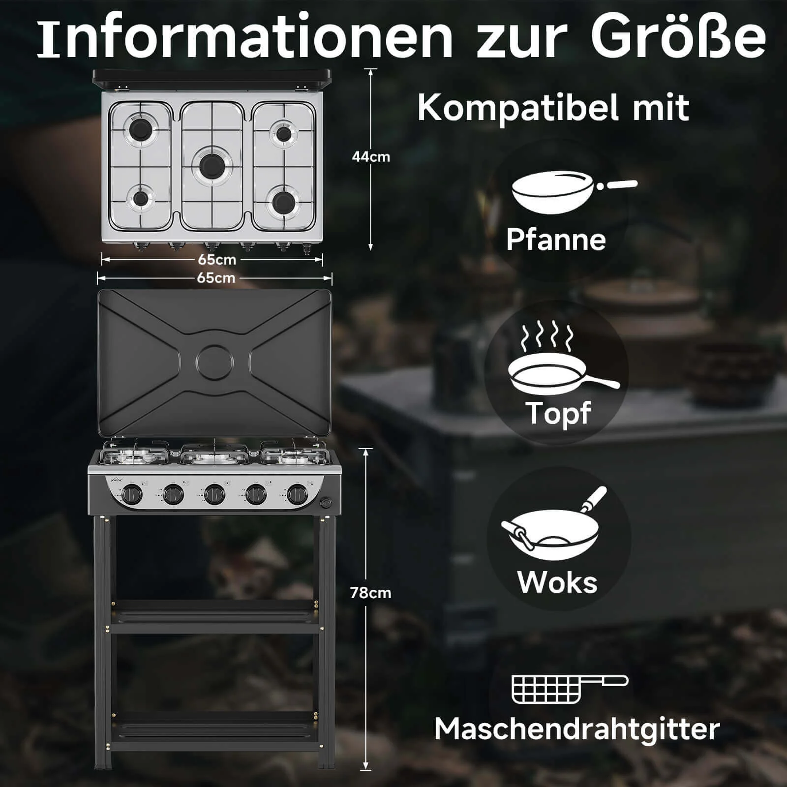 HOMELUX 5-flammiger Camping Gaskocher mit Regalen 7,2 kW Gaskocher mit 1,5 m Anschlussschlauch und 50 mbar Druckminderer - Image 3