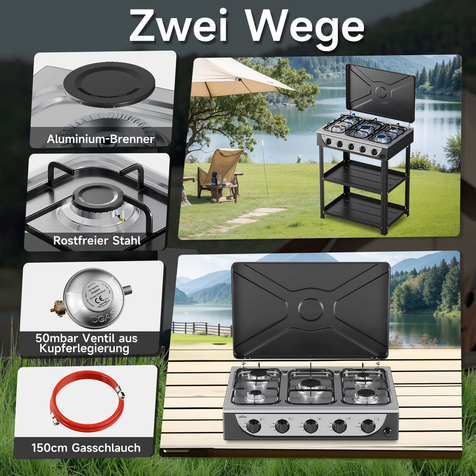 HOMELUX 5-flammiger Camping Gaskocher mit Regalen 7,2 kW Gaskocher mit 1,5 m Anschlussschlauch und 50 mbar Druckminderer - Image 4
