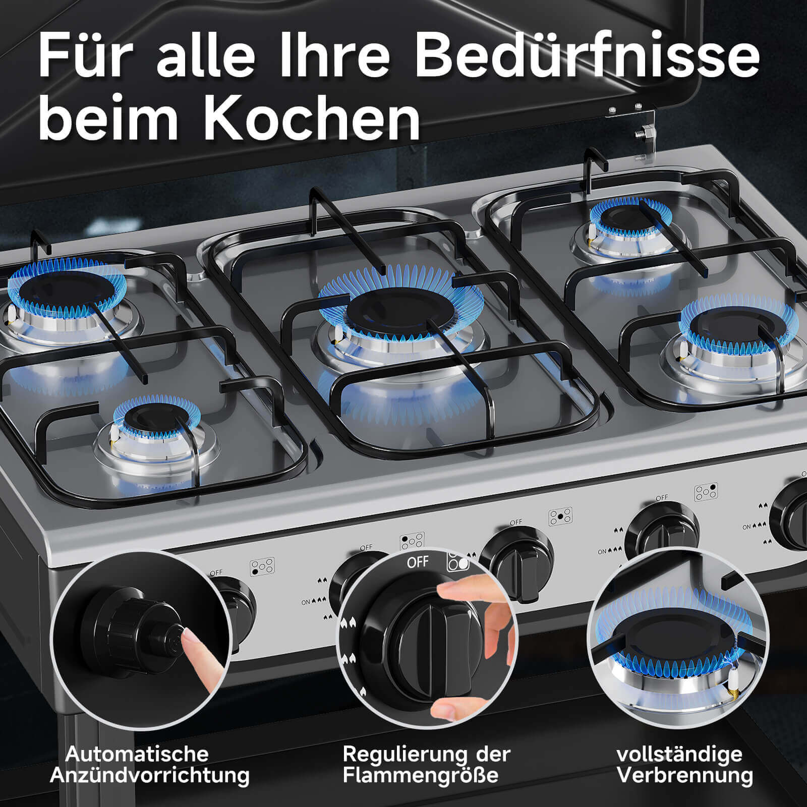 HOMELUX 5-flammiger Camping Gaskocher mit Regalen 7,2 kW Gaskocher mit 1,5 m Anschlussschlauch und 50 mbar Druckminderer - Image 5