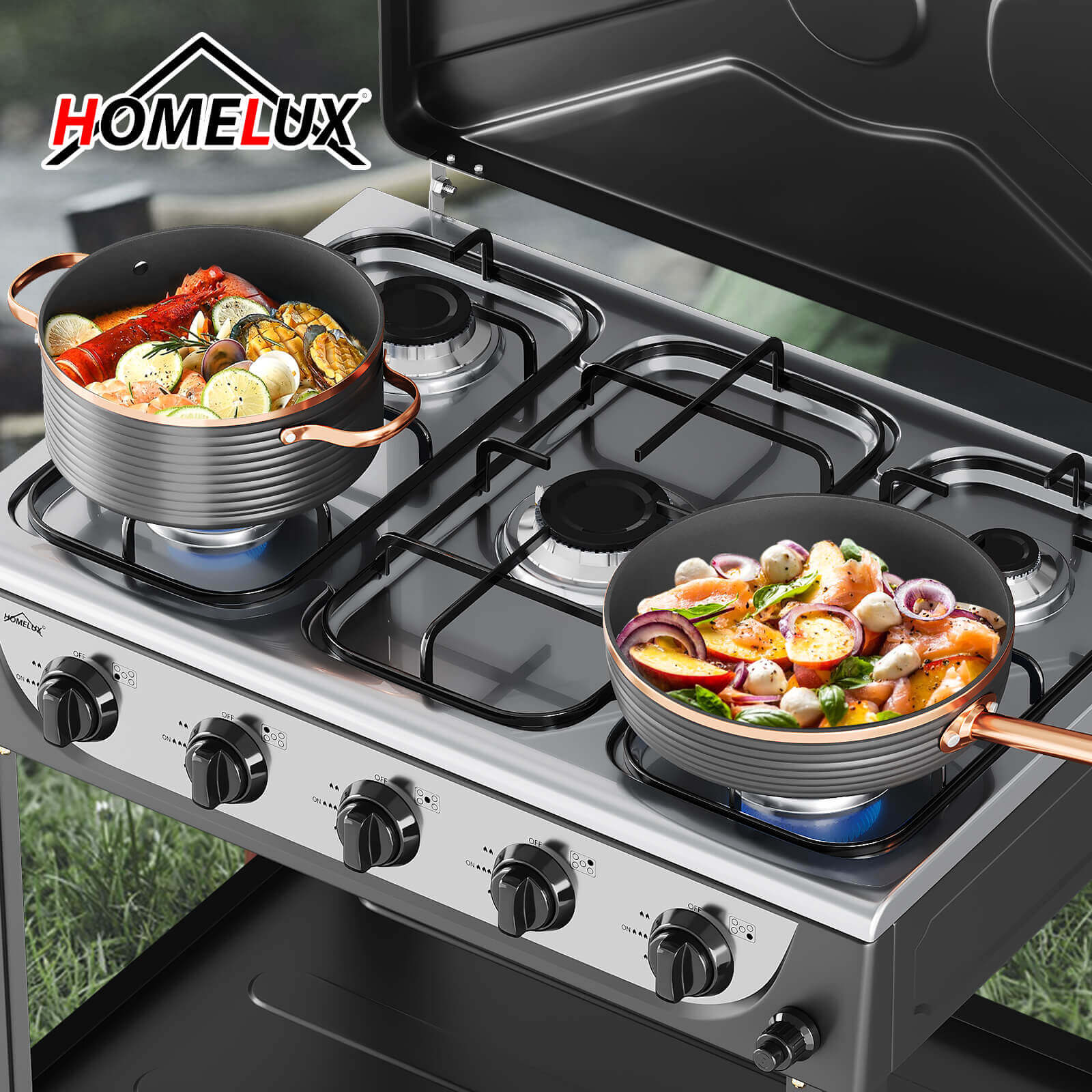 HOMELUX 5-flammiger Camping Gaskocher mit Regalen 7,2 kW Gaskocher mit 1,5 m Anschlussschlauch und 50 mbar Druckminderer - Image 6