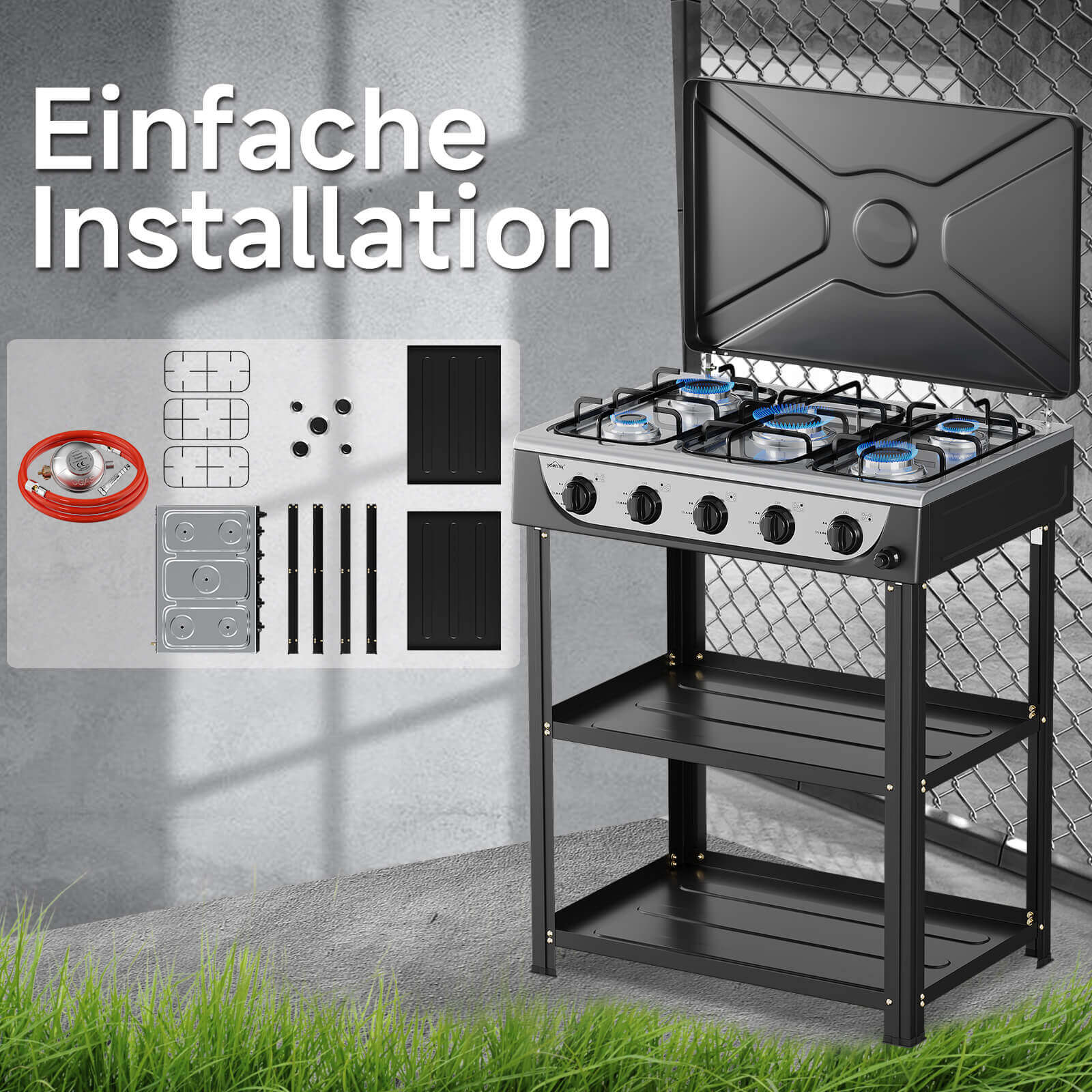HOMELUX 5-flammiger Camping Gaskocher mit Regalen 7,2 kW Gaskocher mit 1,5 m Anschlussschlauch und 50 mbar Druckminderer - Image 7