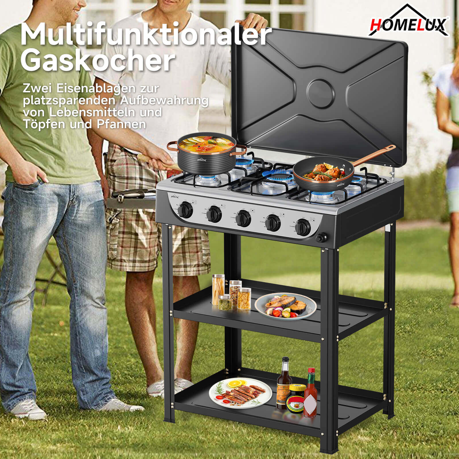 HOMELUX 5-flammiger Camping Gaskocher mit Regalen 7,2 kW Gaskocher mit 1,5 m Anschlussschlauch und 50 mbar Druckminderer - Image 8