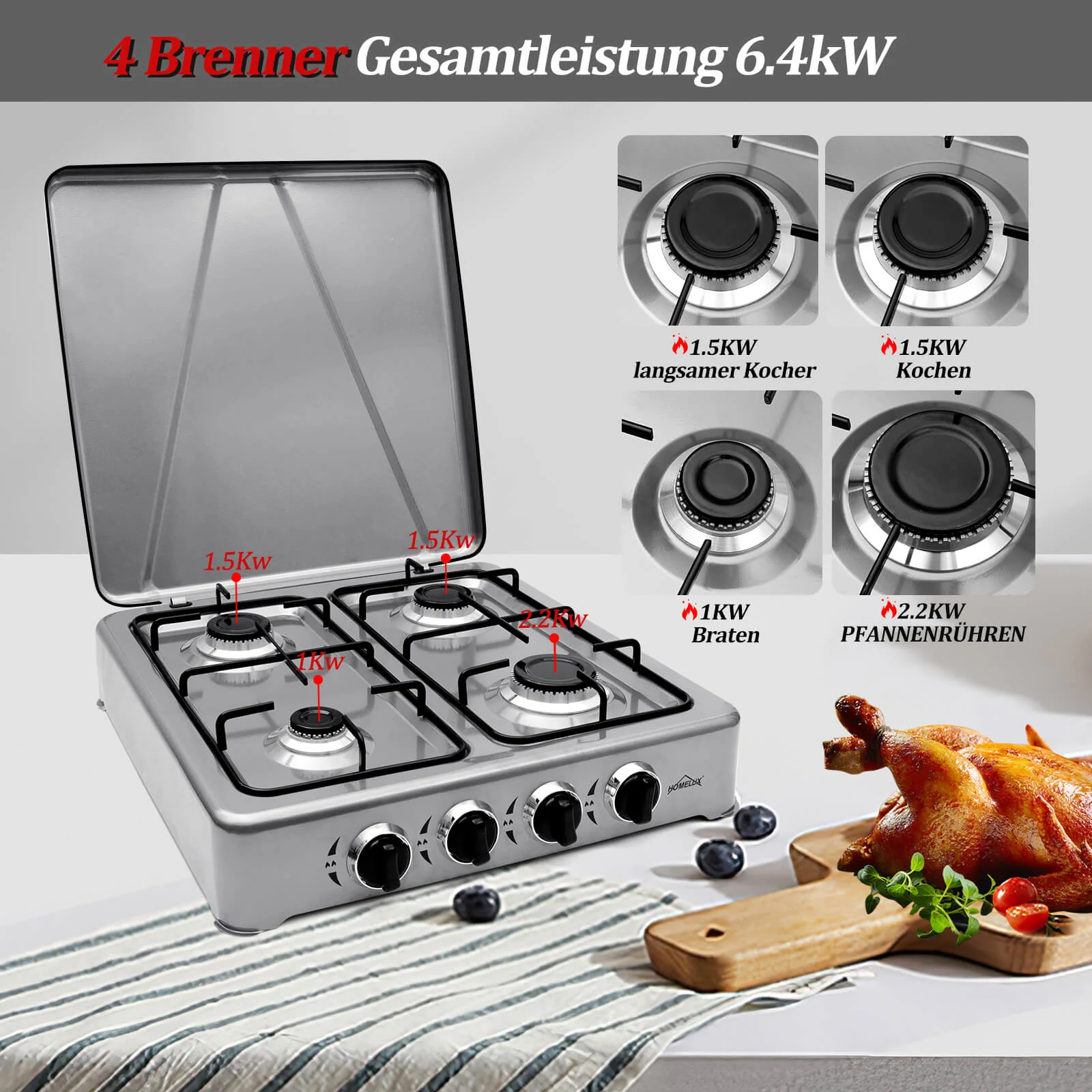 HOMELUX 6,2 KW Gaskocher,4 flammig Campingkocher Kochfeld Kocher mit Deckel Herd Gas Outdoor - Image 13