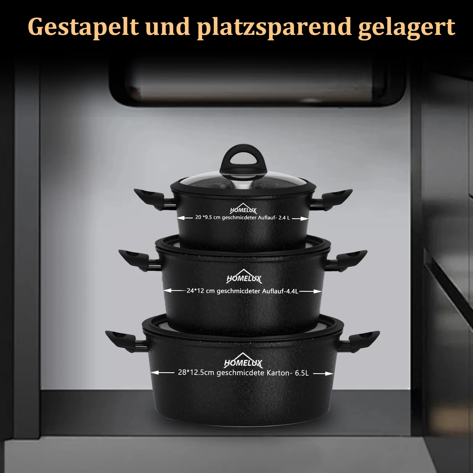 HOMELUX 6-teiliges Kochgeschirr-Set aus Hartaluminium, Antihaftbeschichtung, Glasdeckel, Induktion & alle Herdarten - Image 4