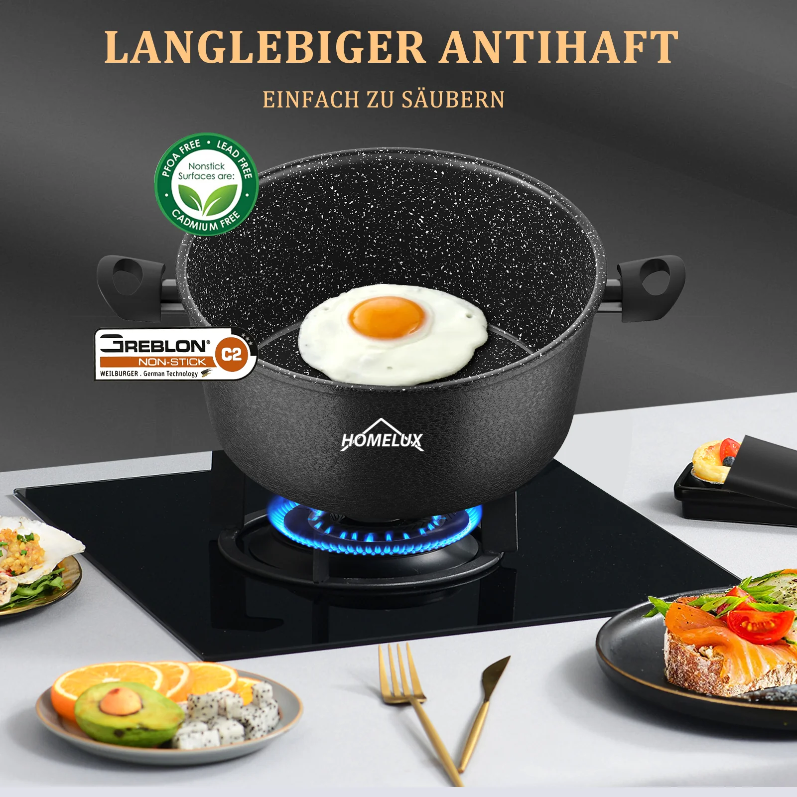 HOMELUX 6-teiliges Kochgeschirr-Set aus Hartaluminium, Antihaftbeschichtung, Glasdeckel, Induktion & alle Herdarten - Image 5