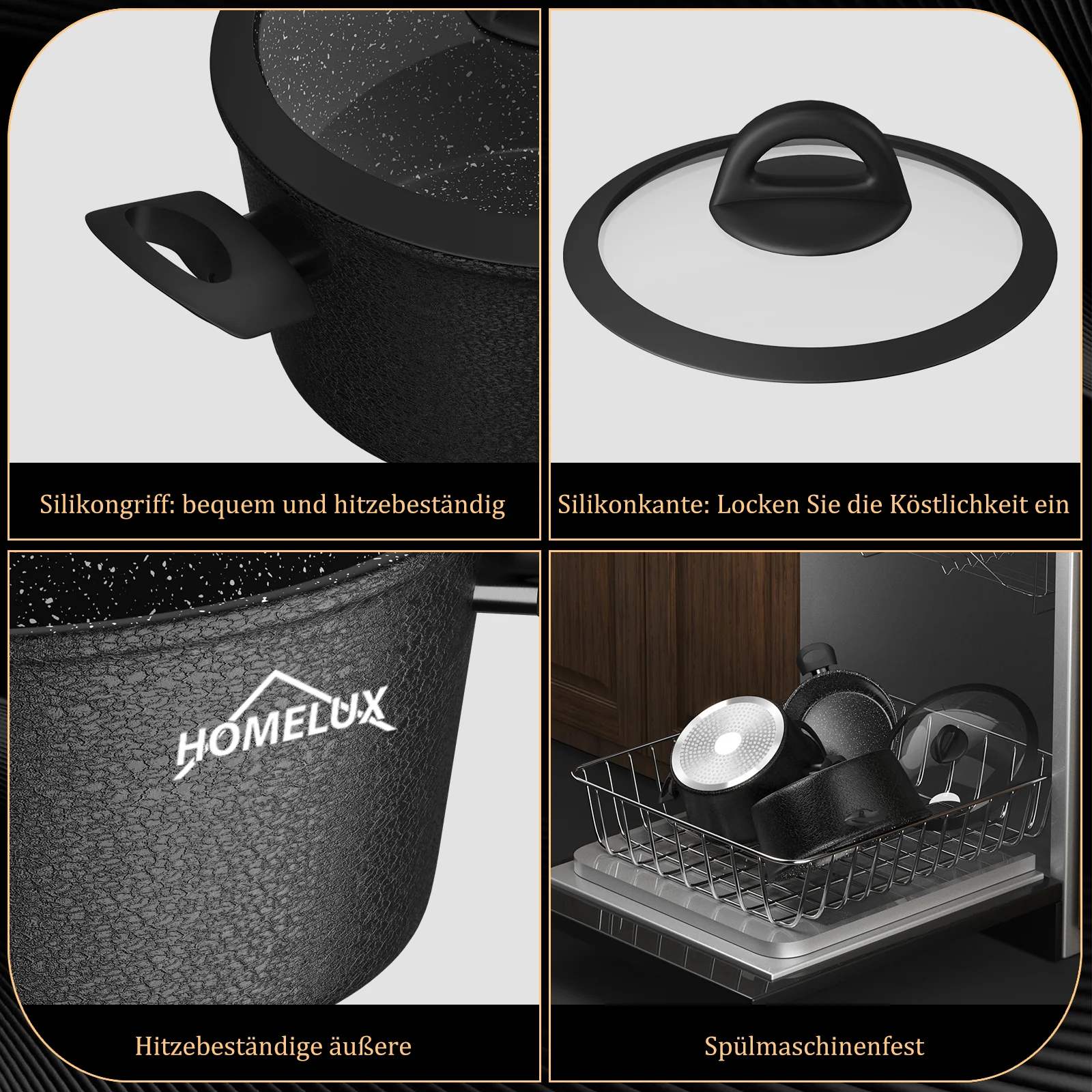 HOMELUX 6-teiliges Kochgeschirr-Set aus Hartaluminium, Antihaftbeschichtung, Glasdeckel, Induktion & alle Herdarten - Image 6