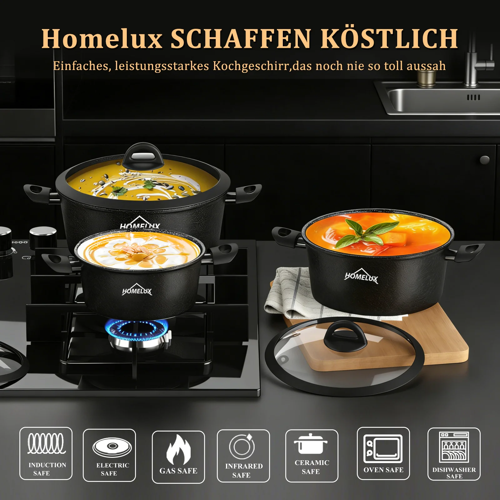 HOMELUX 6-teiliges Kochgeschirr-Set aus Hartaluminium, Antihaftbeschichtung, Glasdeckel, Induktion & alle Herdarten - Image 8