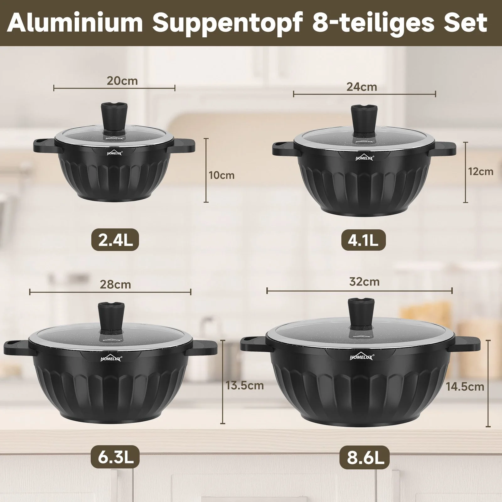 HOMELUX Topf-Set 8-tlg Kochtopf Set Induktions 20/24/28/32cm Töpfe Set mit Deckel 8-teiliges Topfset Induktion - Image 3