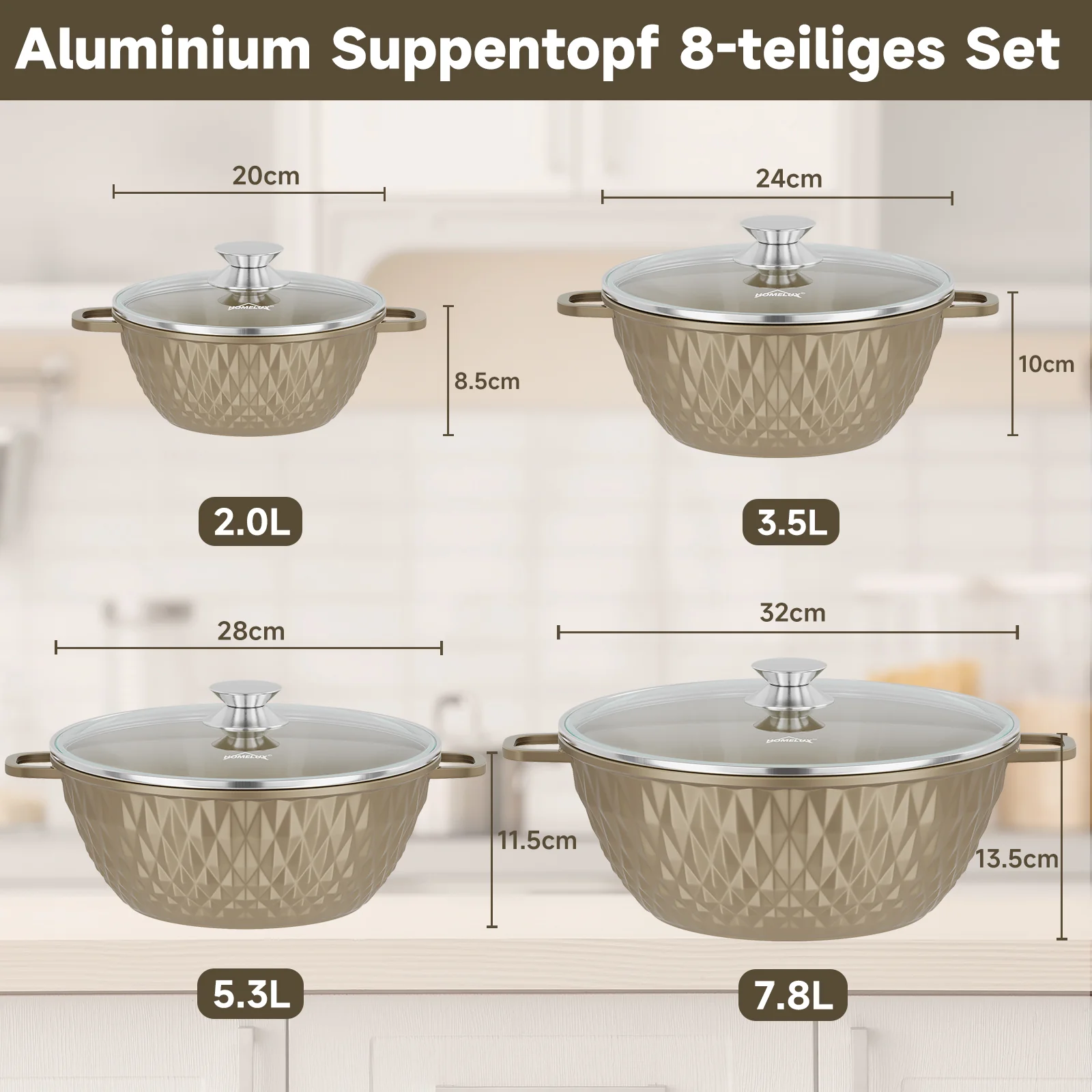 HOMELUX Aluguss Kochtopfset 8-teilig Induktion, Antihaft Topfset mit Glasdeckel, 20-32 cm, PFOA-frei - Image 11