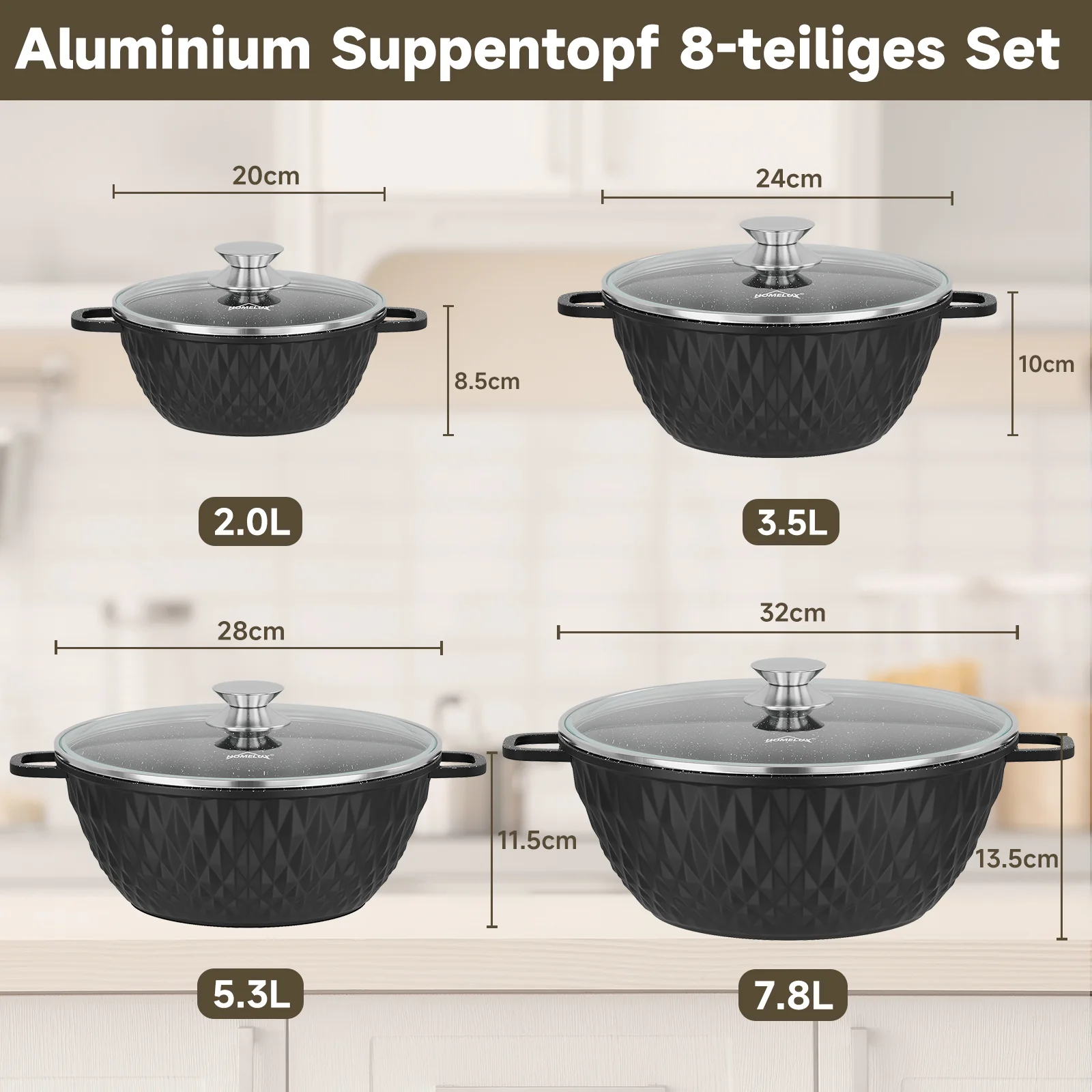 HOMELUX Aluguss Kochtopfset 8-teilig Induktion, Antihaft Topfset mit Glasdeckel, 20-32 cm, PFOA-frei - Image 4