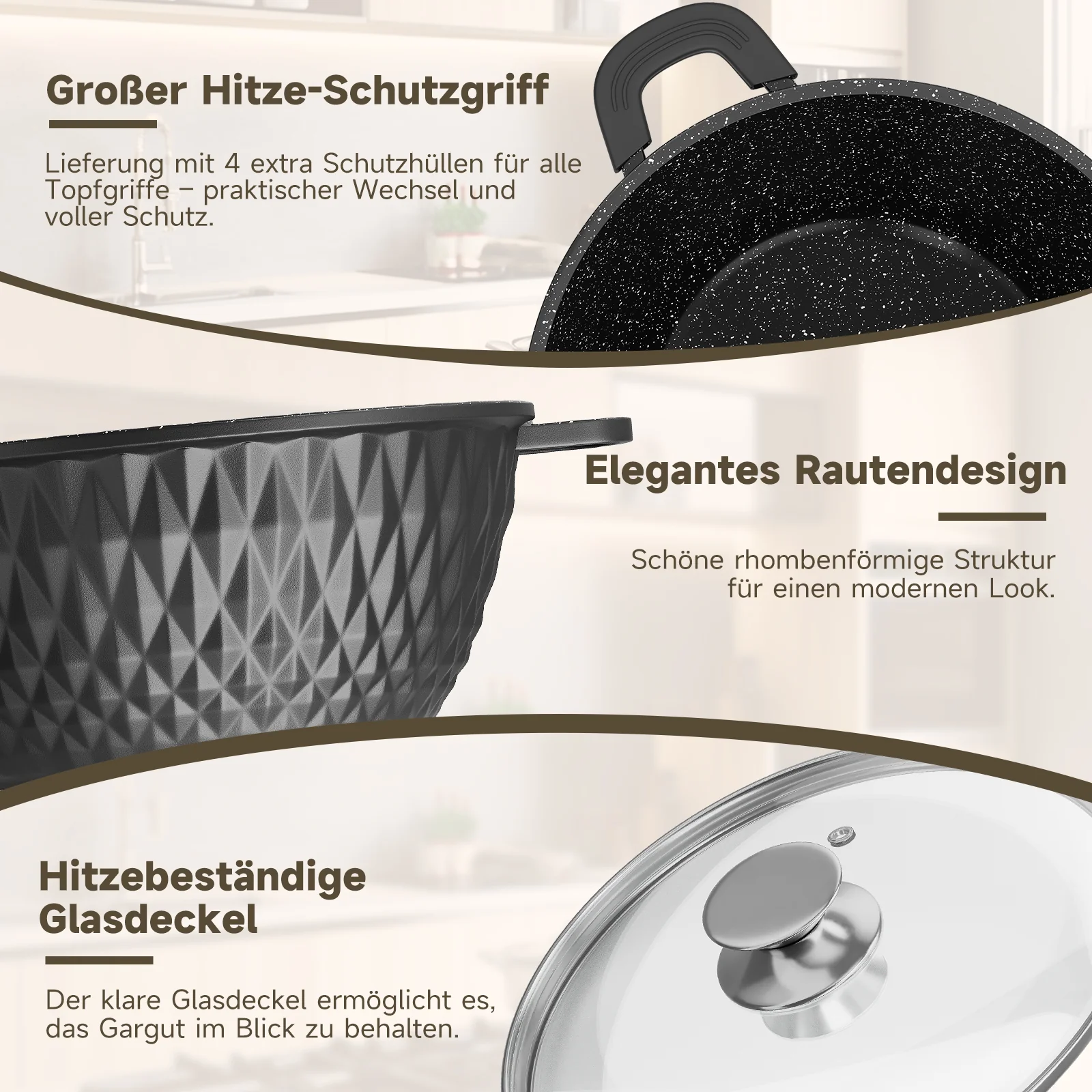 HOMELUX Aluguss Kochtopfset 8-teilig Induktion, Antihaft Topfset mit Glasdeckel, 20-32 cm, PFOA-frei - Image 5
