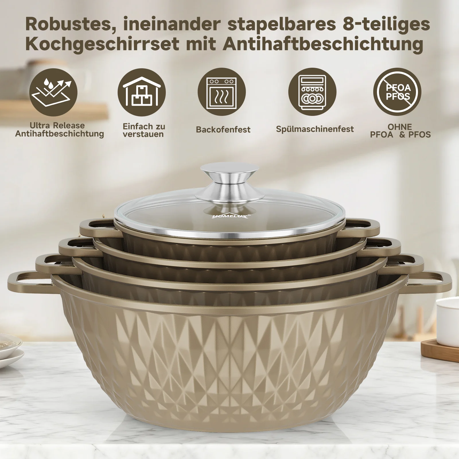 HOMELUX Aluguss Kochtopfset 8-teilig Induktion, Antihaft Topfset mit Glasdeckel, 20-32 cm, PFOA-frei - Image 8