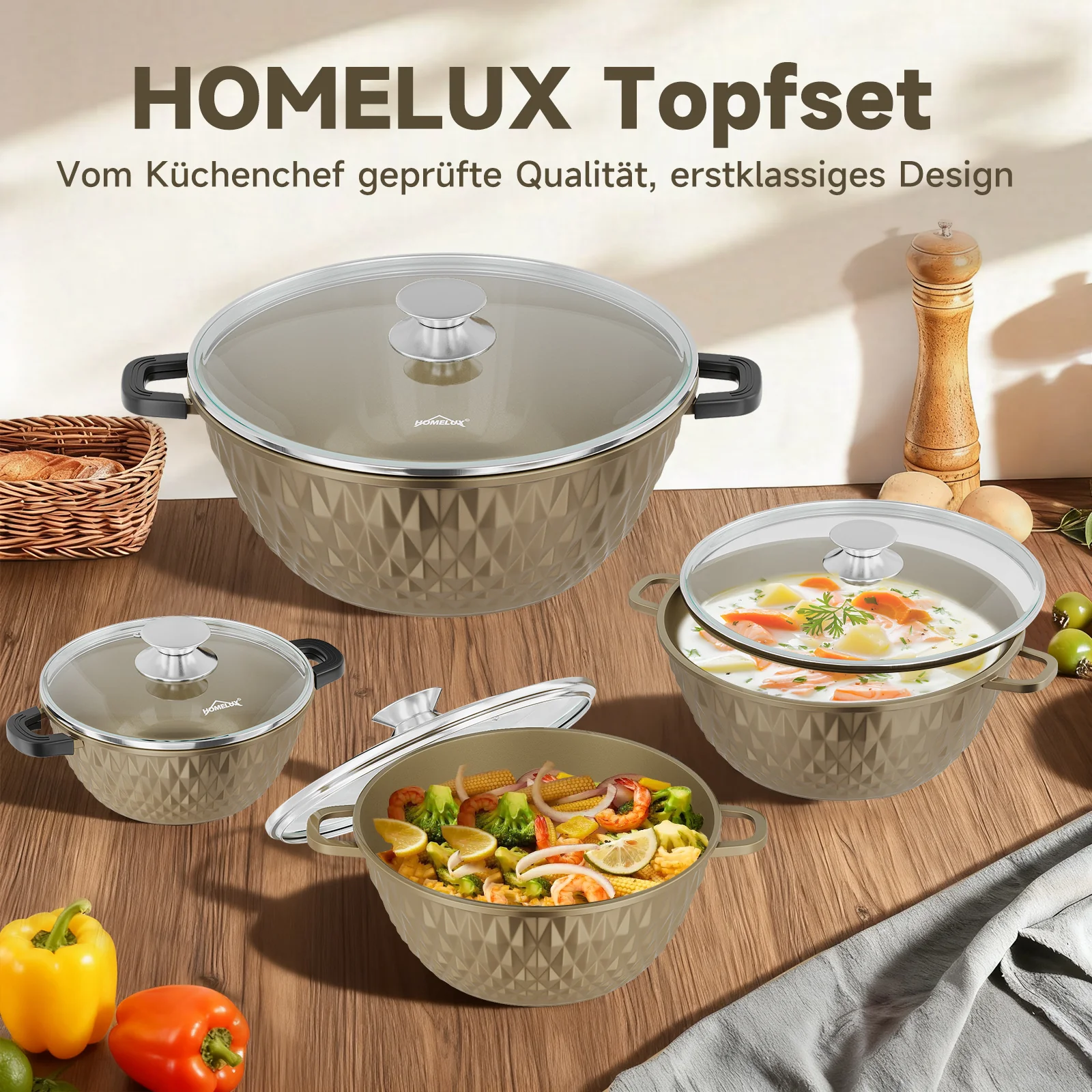 HOMELUX Aluguss Kochtopfset 8-teilig Induktion, Antihaft Topfset mit Glasdeckel, 20-32 cm, PFOA-frei - Image 9