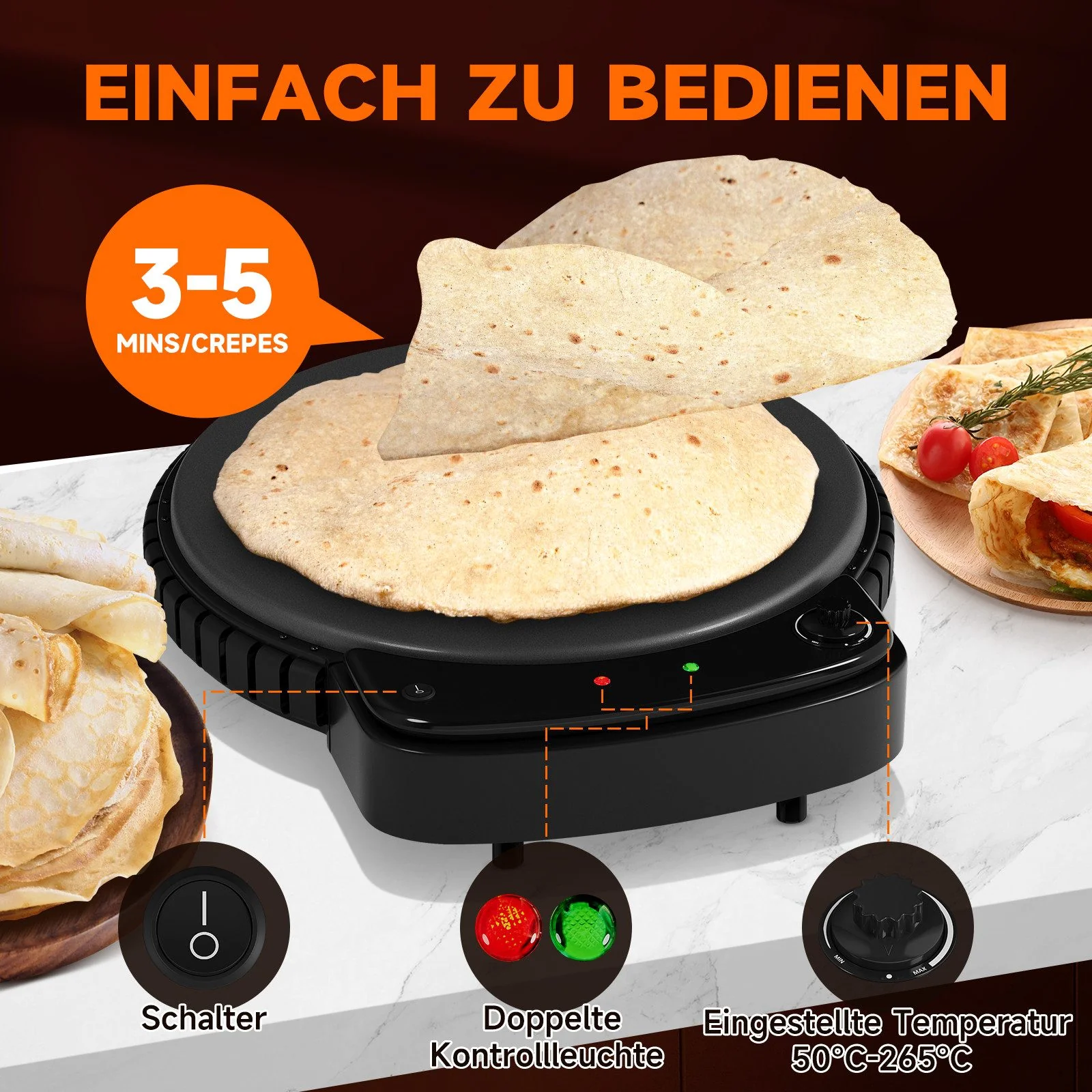 HOMELUX Crêpesmaker 2500W Ø50 cm Pancakemaker, Temperaturregler , Crêpesmaker - Image 3