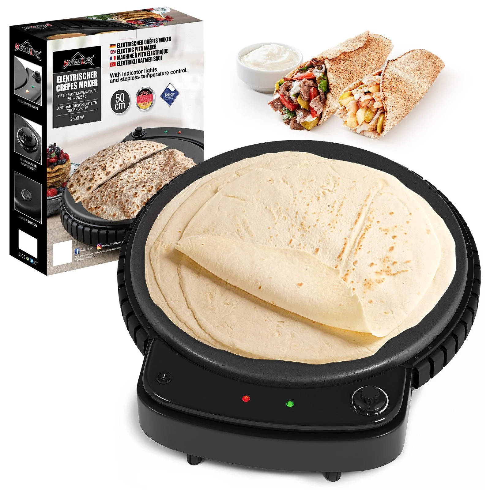 HOMELUX Crêpesmaker 2500W Ø50 cm Pancakemaker, Temperaturregler , Crêpesmaker - Image 8