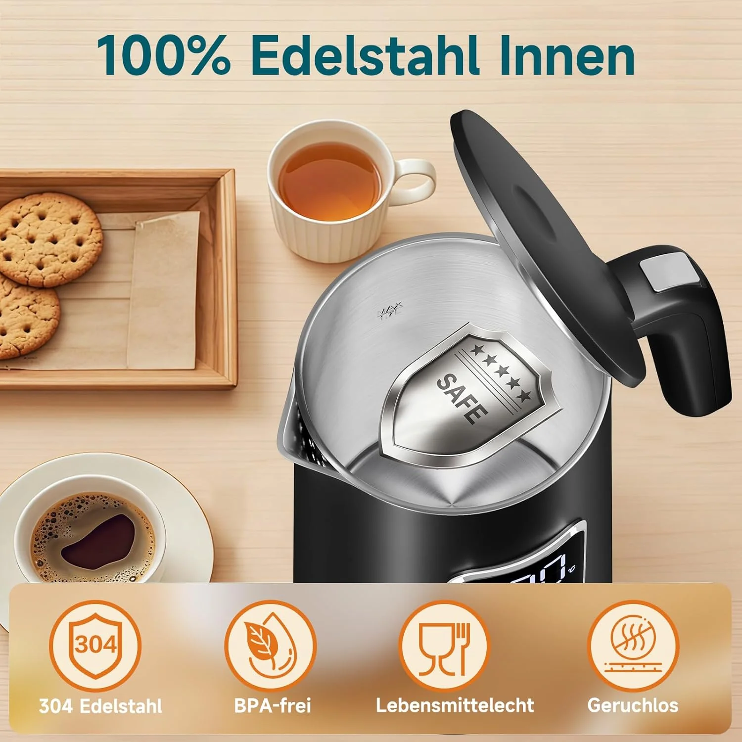 HOMELUX Digitaler Wasserkocher 1,7L mit Temperatureinstellung 40-100°C, 2200W, 100% Edelstahl Innen, Cool-Touch & Warmhaltefunktion - Image 4