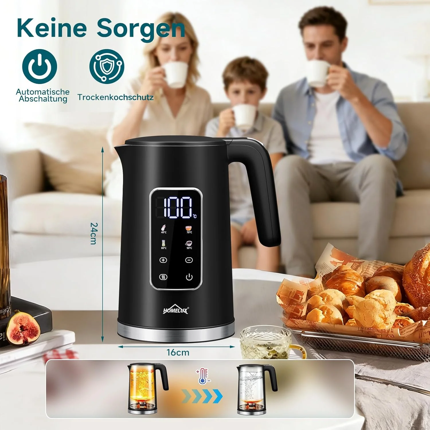 HOMELUX Digitaler Wasserkocher 1,7L mit Temperatureinstellung 40-100°C, 2200W, 100% Edelstahl Innen, Cool-Touch & Warmhaltefunktion - Image 6