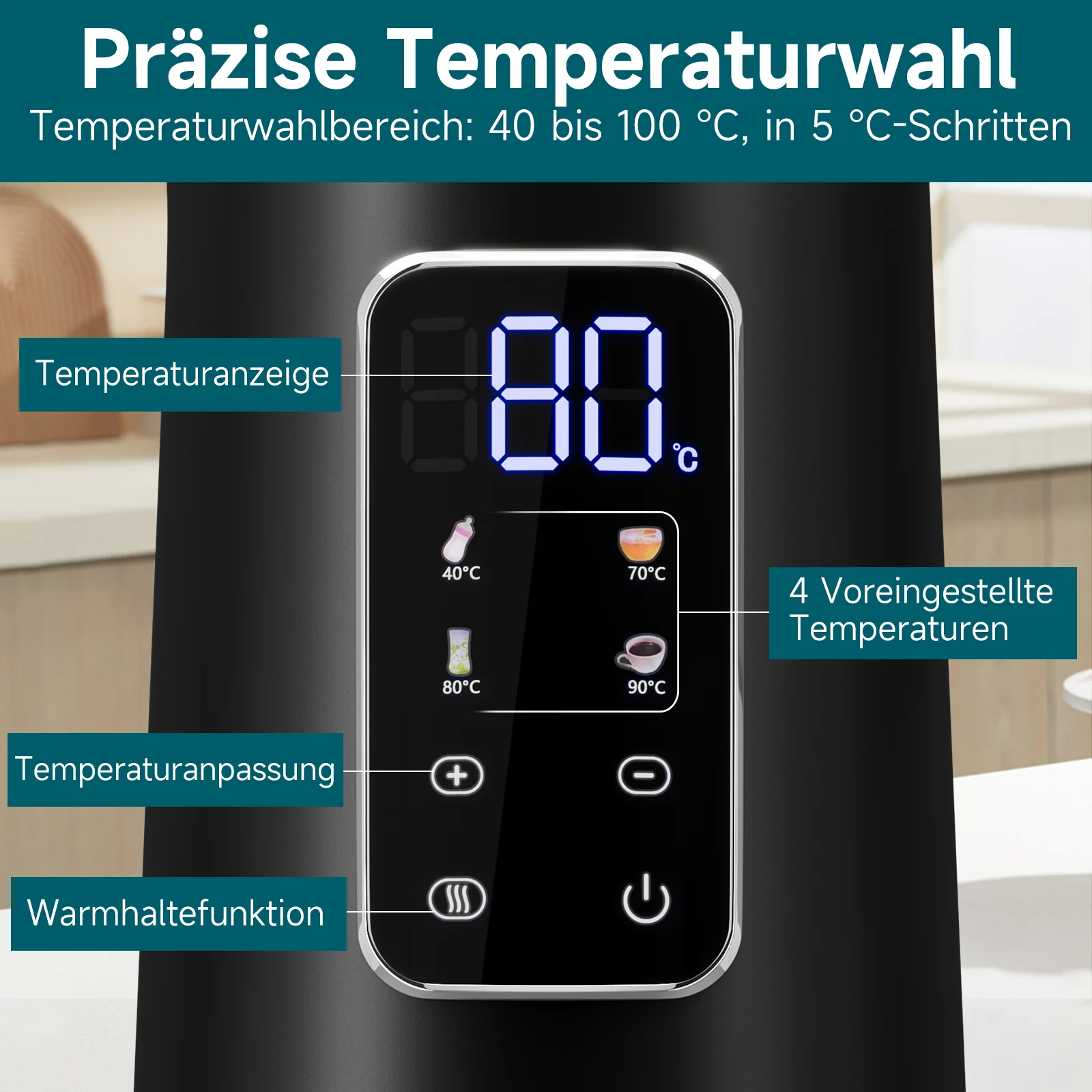 HOMELUX Digitaler Wasserkocher 1,7L mit Temperatureinstellung 40-100°C, 2200W, 100% Edelstahl Innen, Cool-Touch & Warmhaltefunktion - Image 7