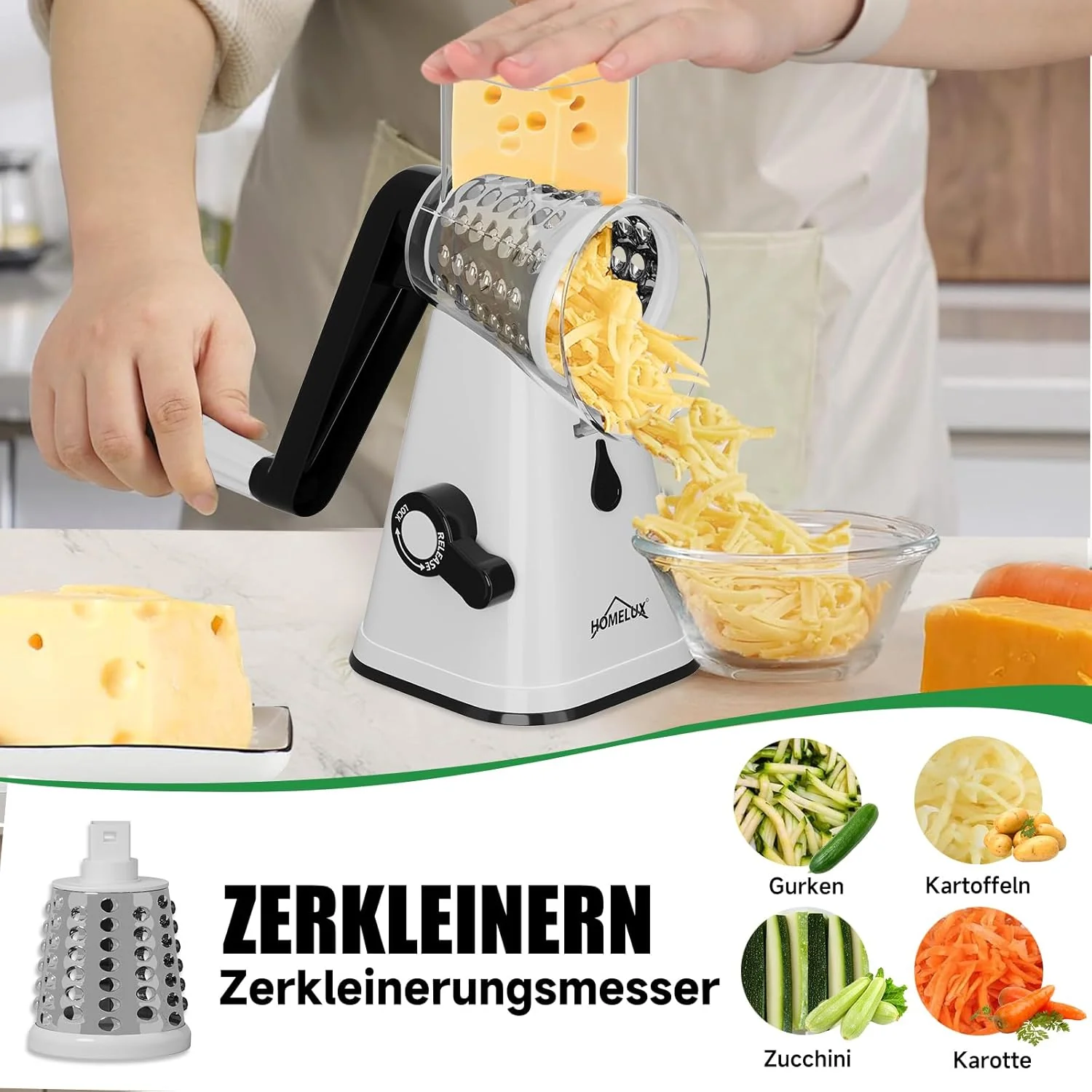 HOMELUX Drehscheibenreiber 3-fach Gemüse- und Käseschneider Handkurbel 3-teilige Trommel für Gemüse Universal-Reibe - Image 3