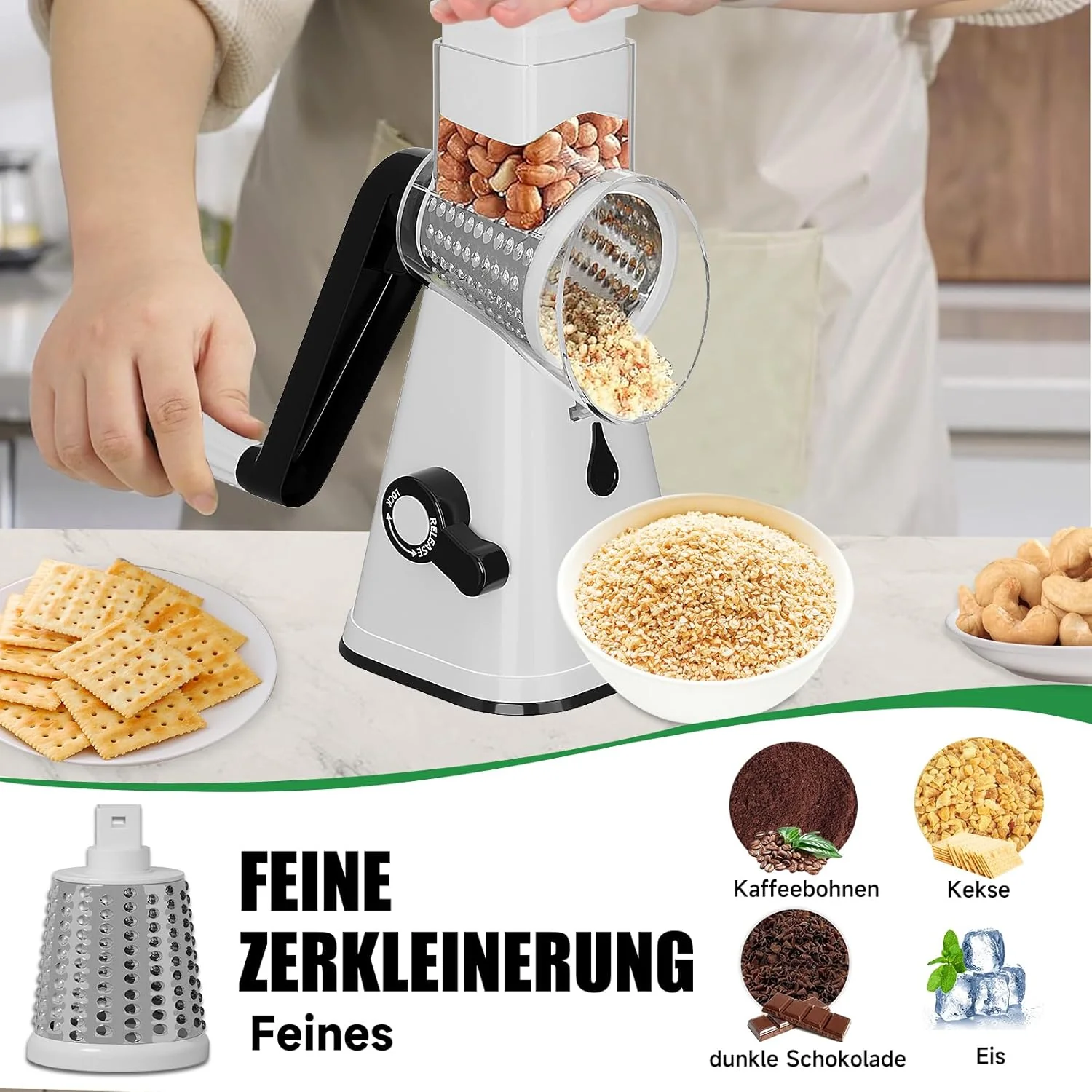 HOMELUX Drehscheibenreiber 3-fach Gemüse- und Käseschneider Handkurbel 3-teilige Trommel für Gemüse Universal-Reibe - Image 4