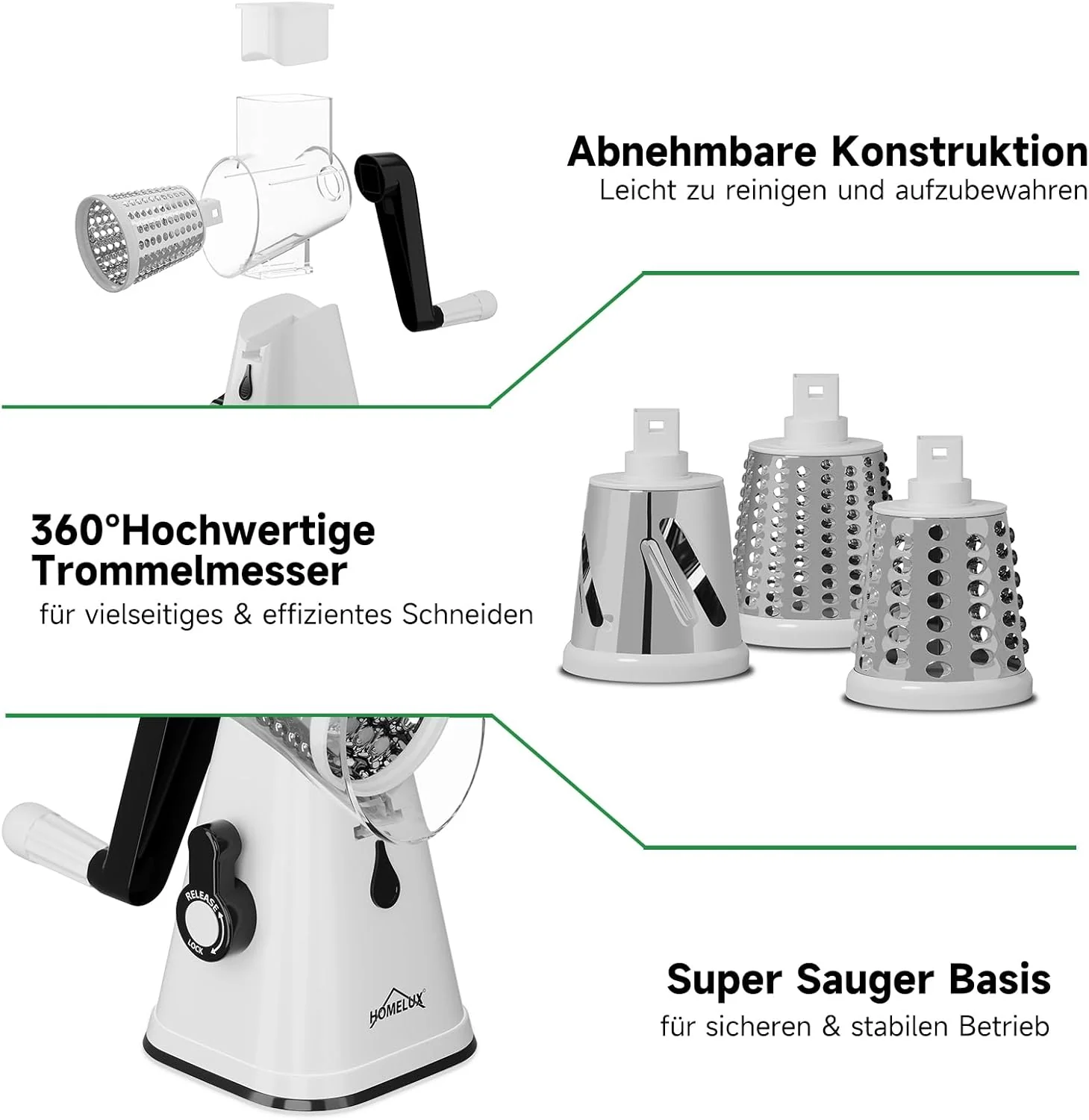 HOMELUX Drehscheibenreiber 3-fach Gemüse- und Käseschneider Handkurbel 3-teilige Trommel für Gemüse Universal-Reibe - Image 5